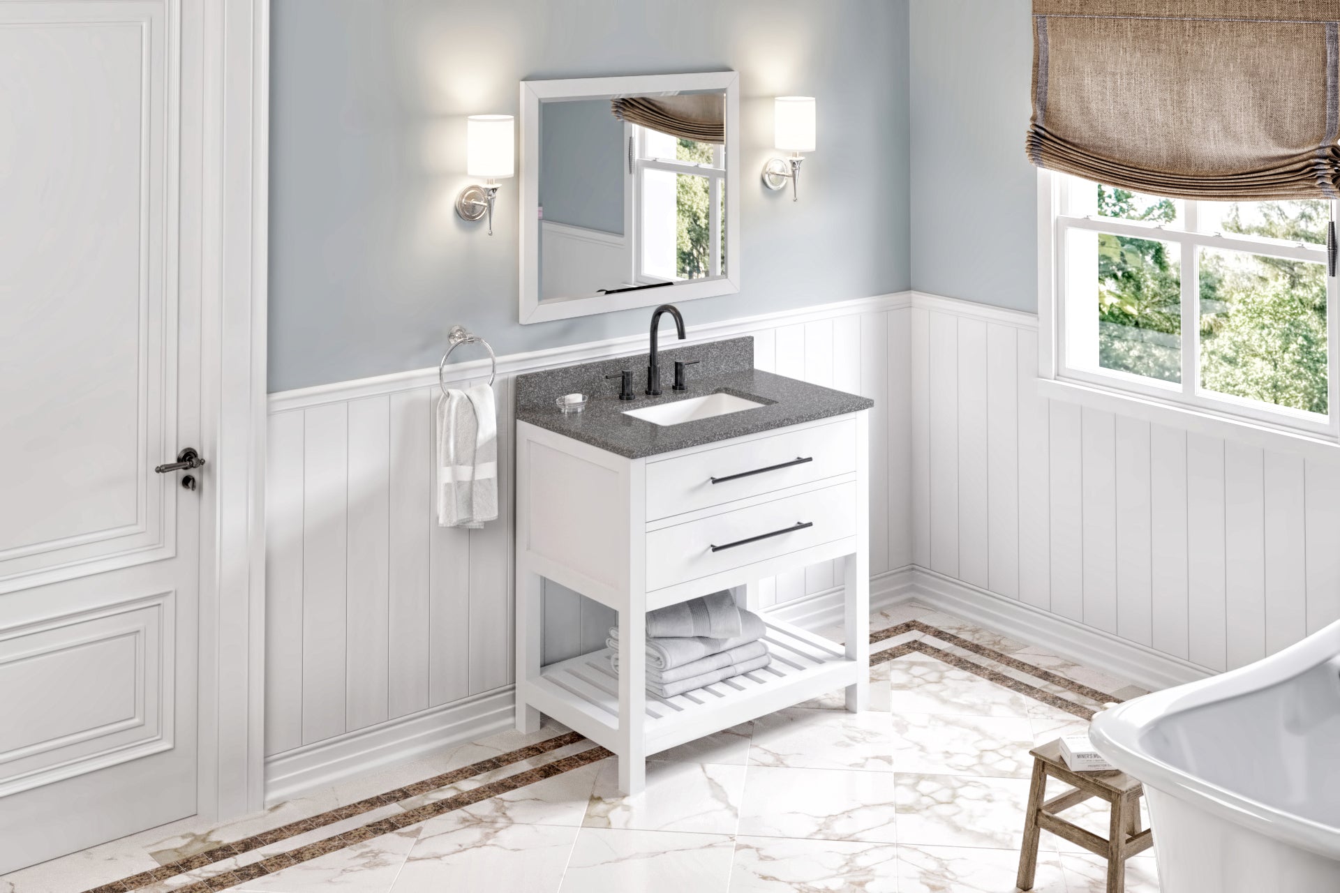 36" White Wavecrest Vanity, Boulder Cultured Marble Vanity Top, undermount rectangle bowl