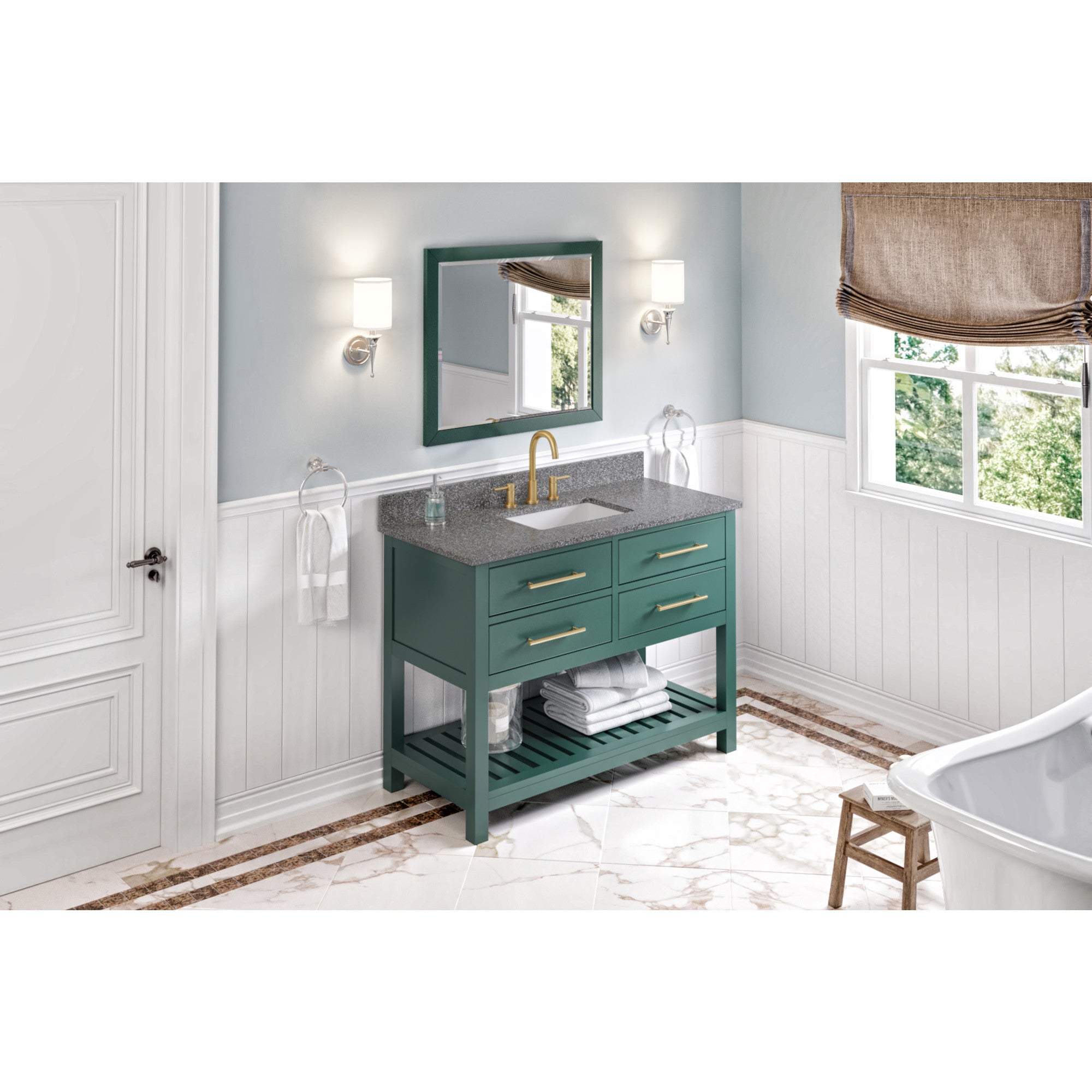 48" Forest Green Wavecrest Vanity, Boulder Cultured Marble Vanity Top, undermount rectangle bowl | KitchBath