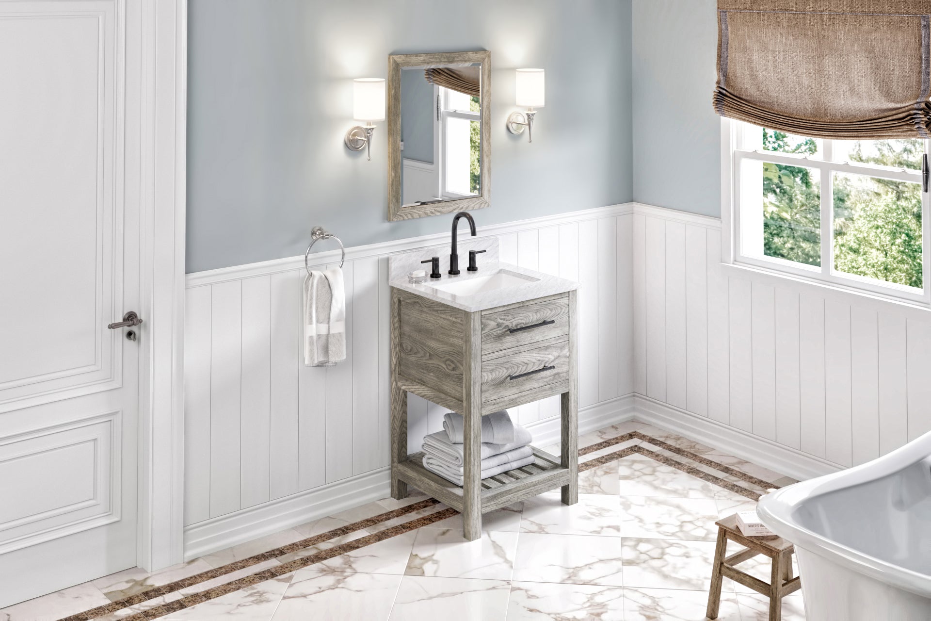 24" Weathered Grey Wavecrest Vanity, White Carrara Marble Vanity Top, undermount rectangle bowl | KitchBath