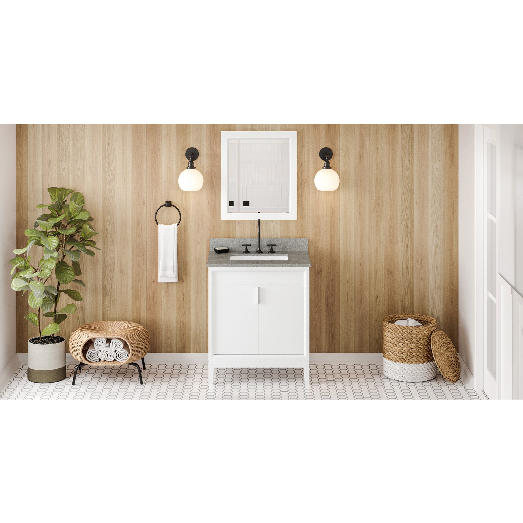 30" White Theodora Vanity, Steel Grey Cultured Marble Vanity Top, undermount rectangle bowl | KitchBath