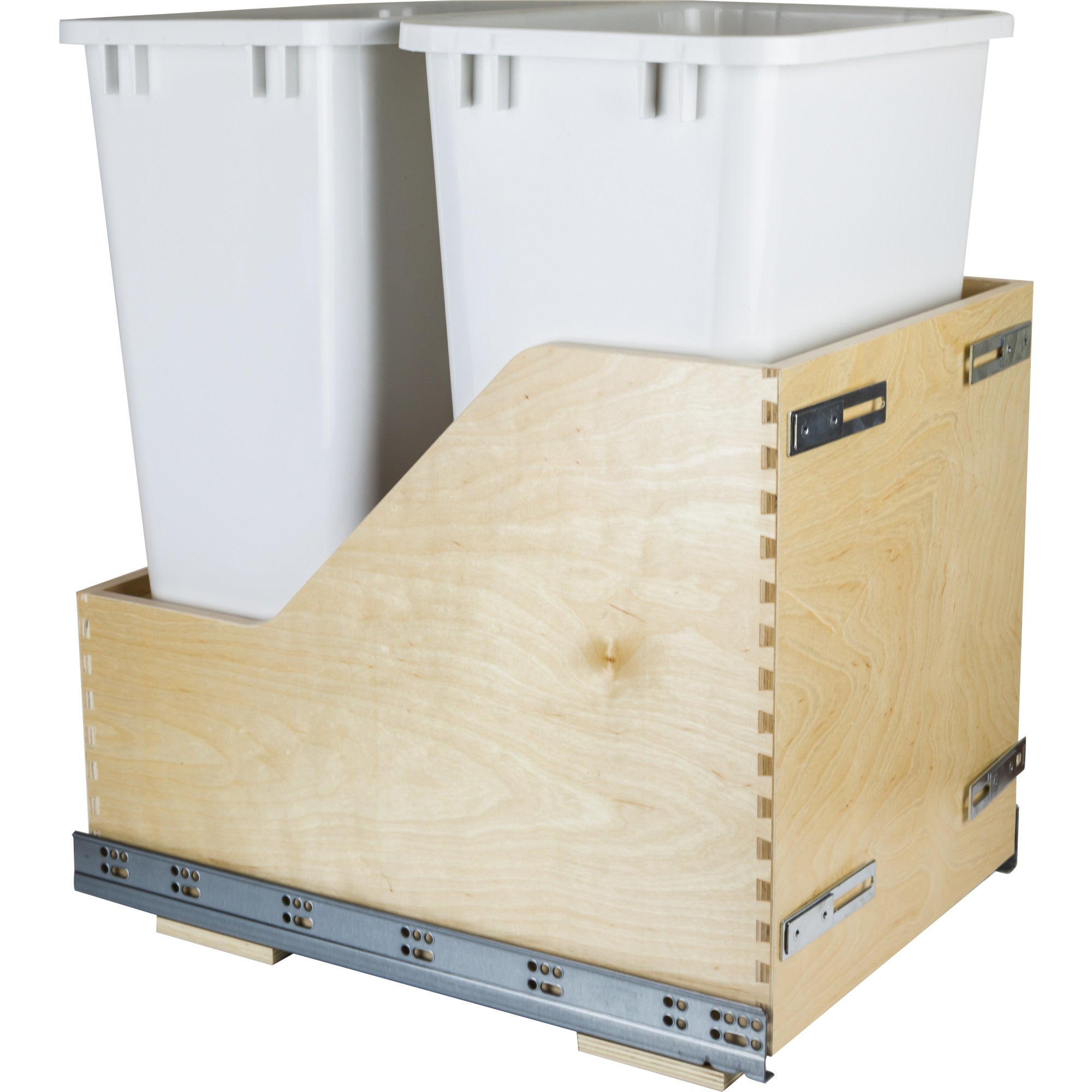 Double 50 Quart Wood Bottom-Mount Soft-close Trashcan Rollout for Door Mounting, Includes Two White Cans | KitchBath