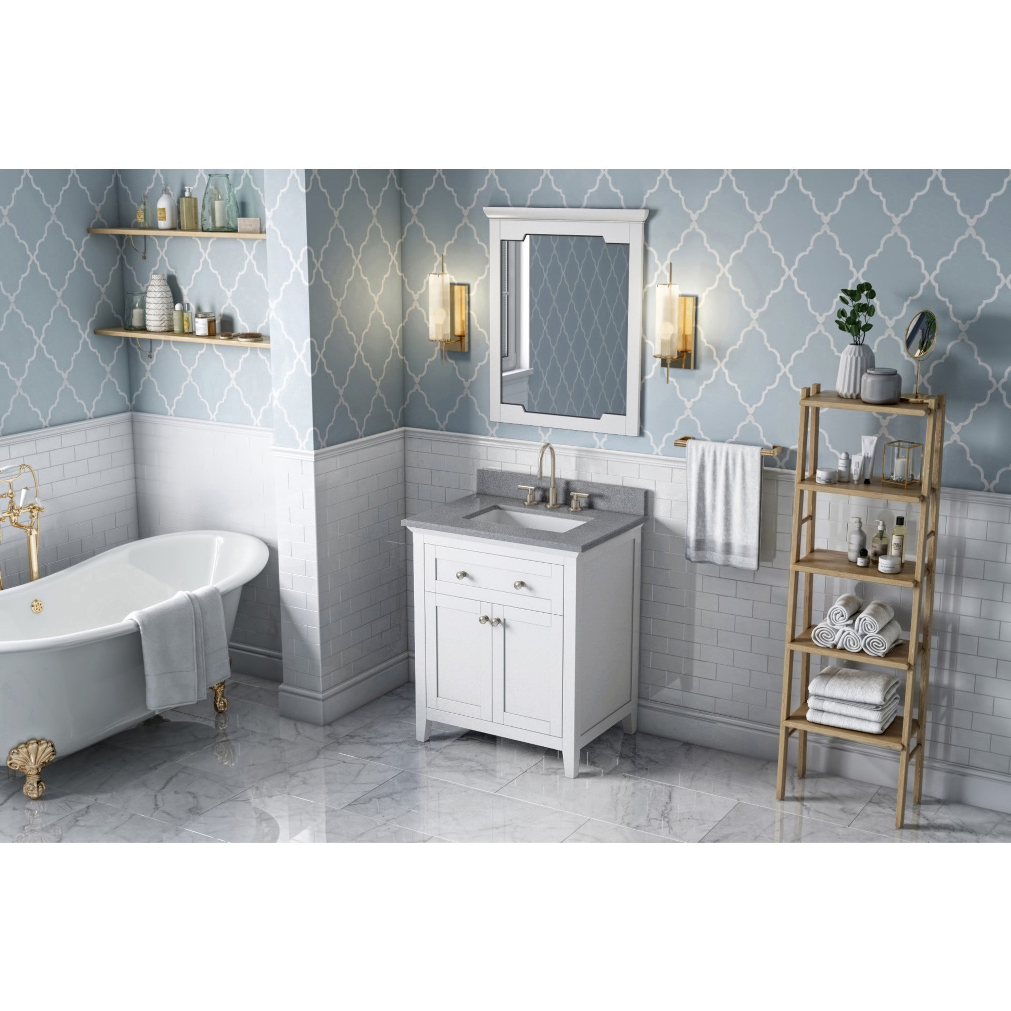 30" White Chatham Vanity, Steel Grey Cultured Marble Vanity Top, undermount rectangle bowl | KitchBath