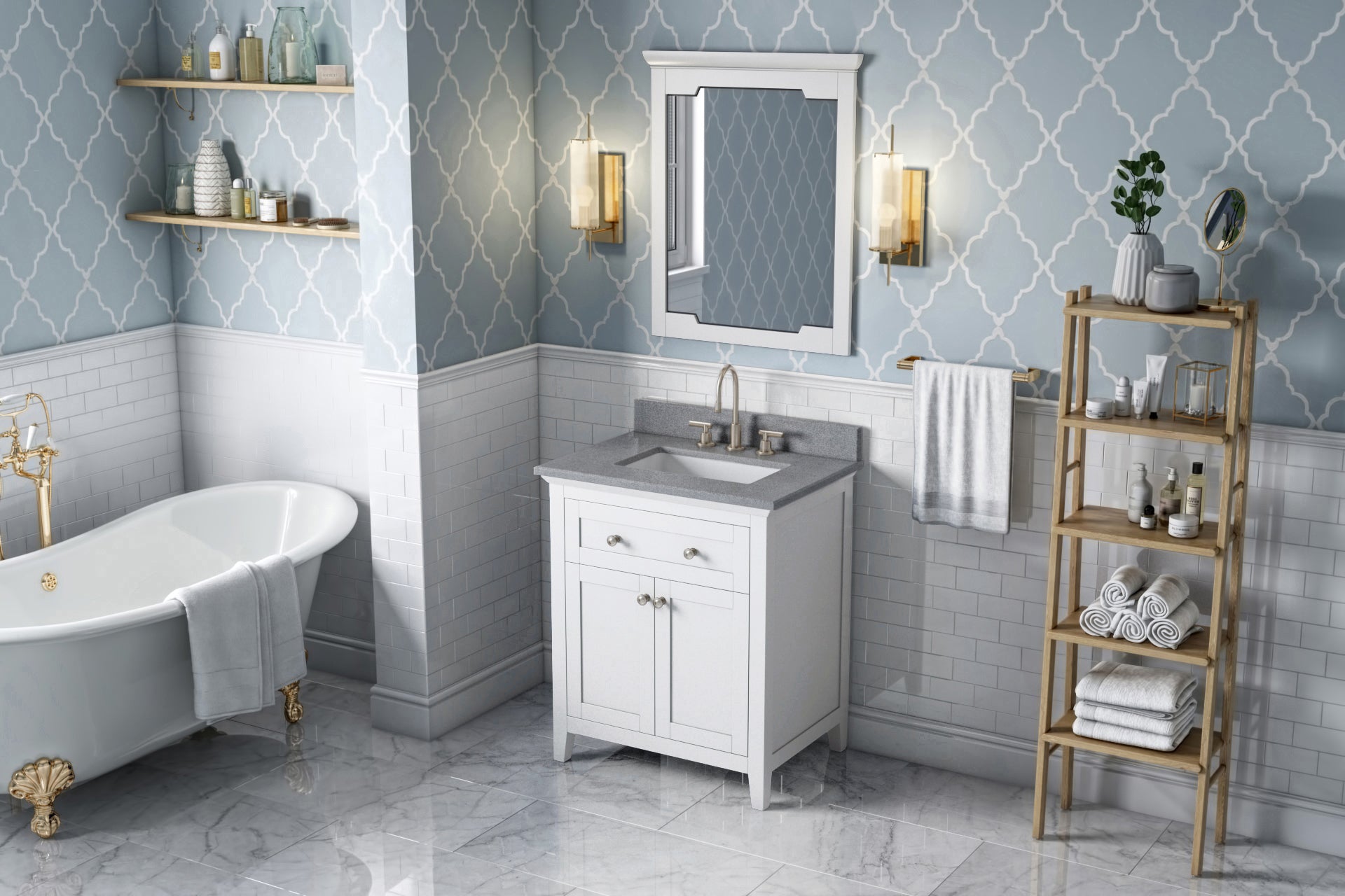 30" White Chatham Vanity, Steel Grey Cultured Marble Vanity Top, undermount rectangle bowl