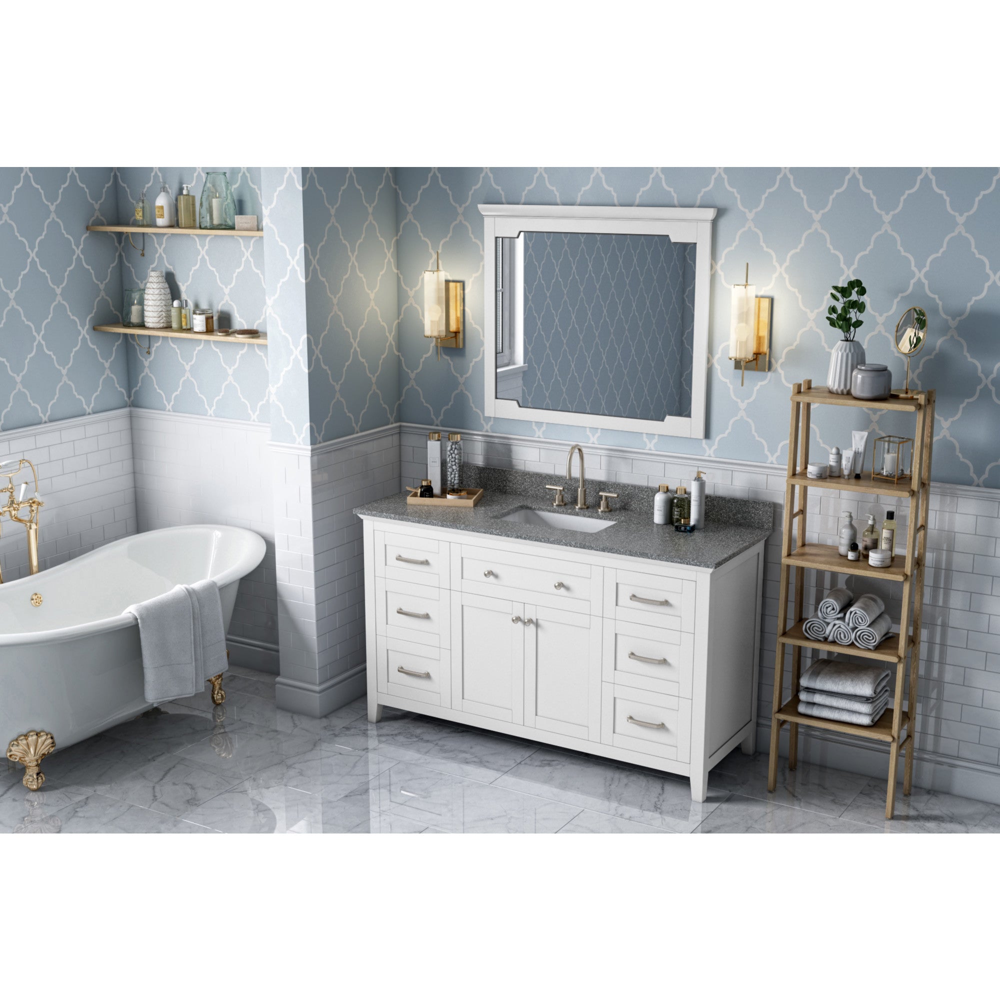 60" White Chatham Vanity, Boulder Cultured Marble Vanity Top, undermount rectangle bowl | KitchBath