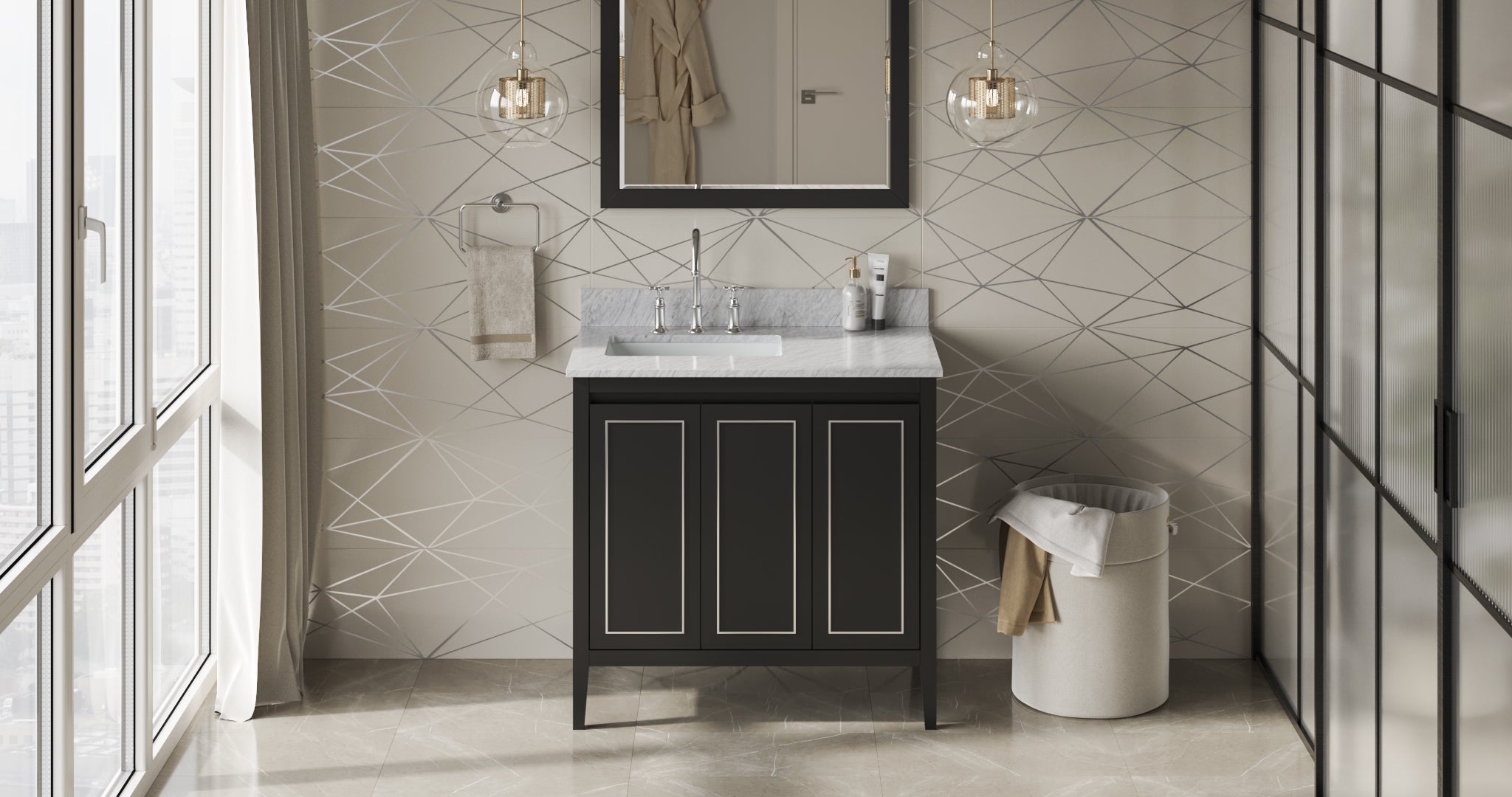 36" Black Percival Vanity, left offset, White Carrara Marble Vanity Top, undermount rectangle bowl | KitchBath