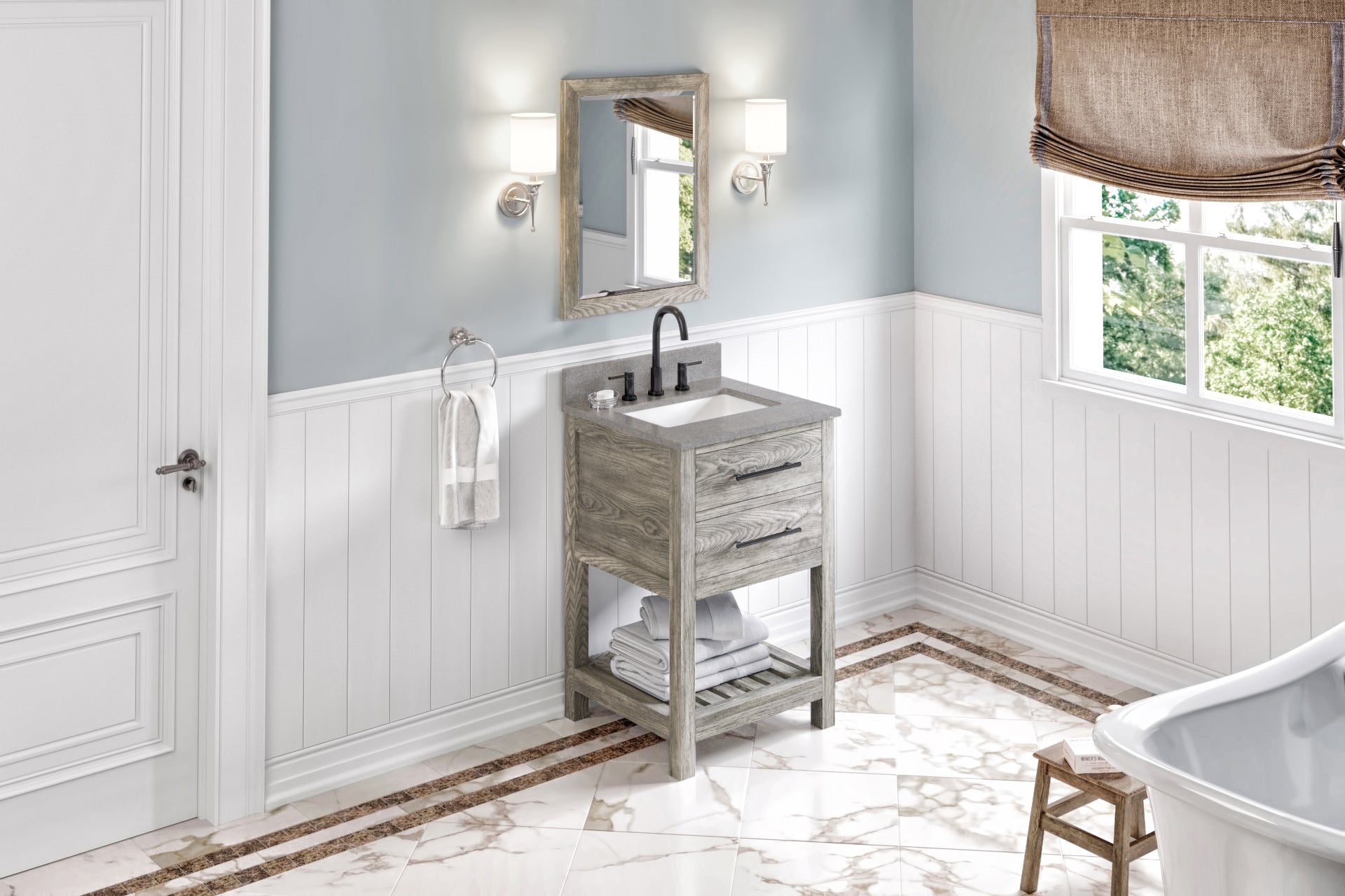 24" Weathered Grey Wavecrest Vanity, Steel Grey Cultured Marble Vanity Top, undermount rectangle bowl | KitchBath