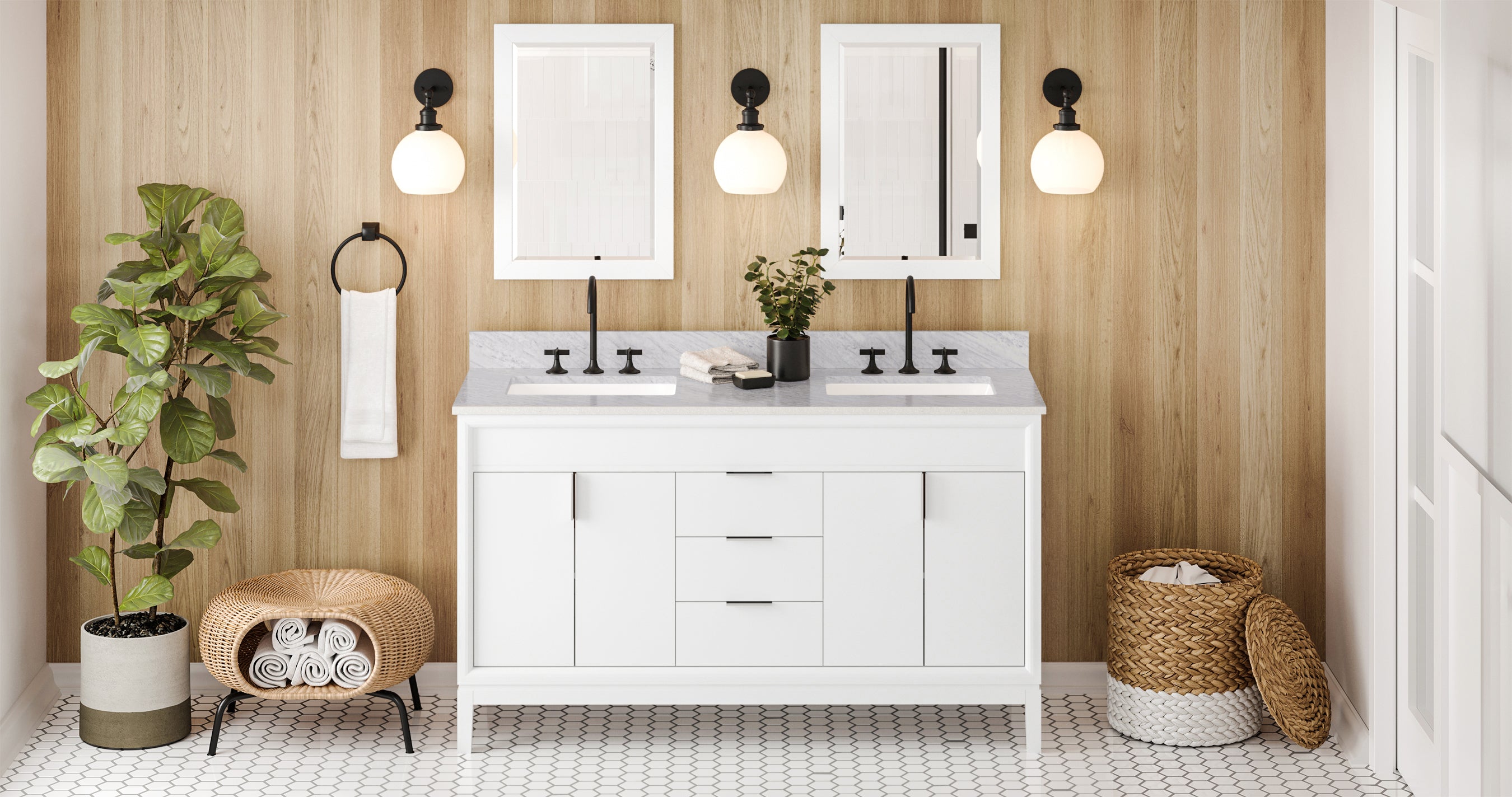 60" White Theodora Vanity, double bowl, White Carrara Marble Vanity Top, two undermount rectangle bowls | KitchBath