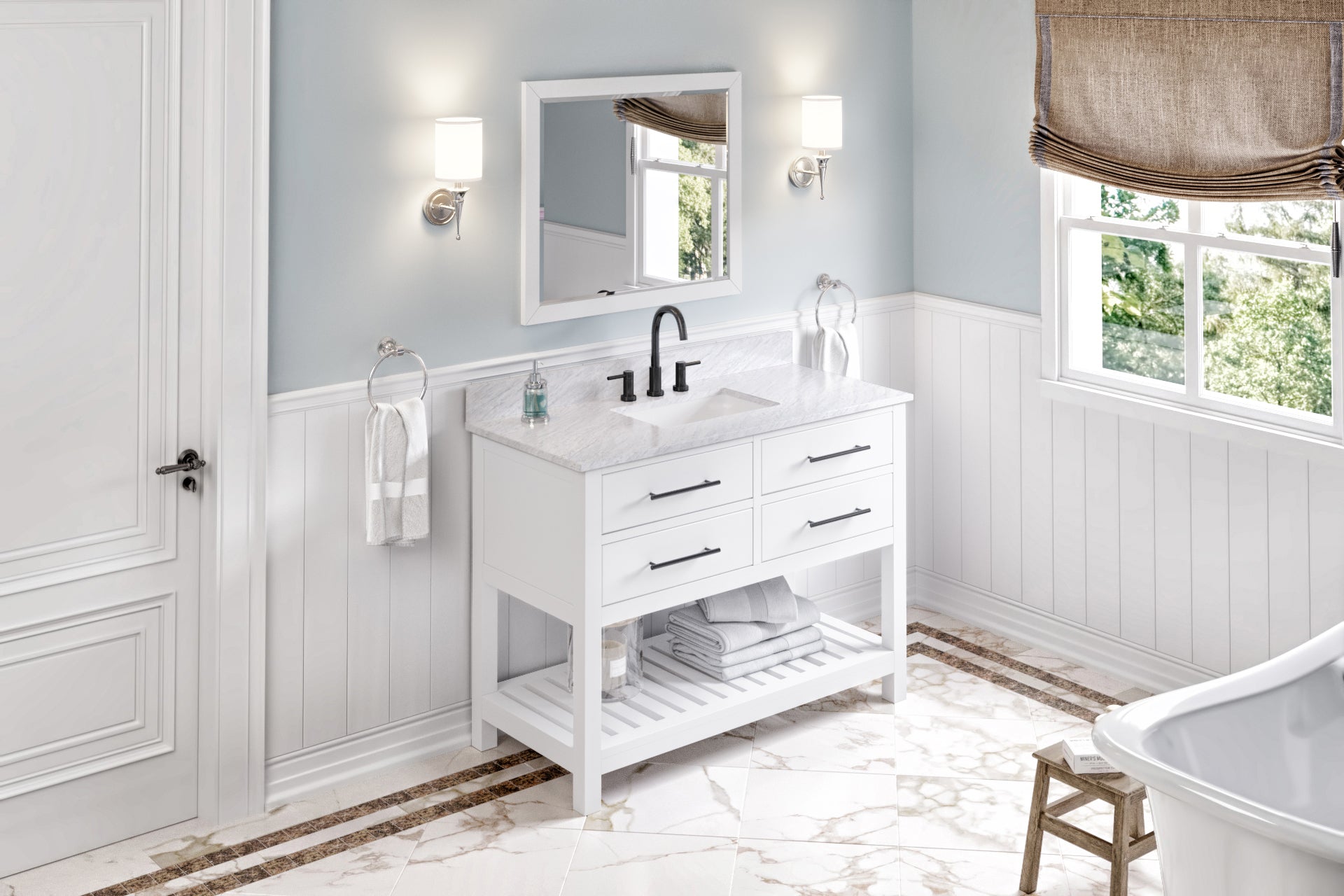 48" White Wavecrest Vanity, White Carrara Marble Vanity Top, undermount rectangle bowl