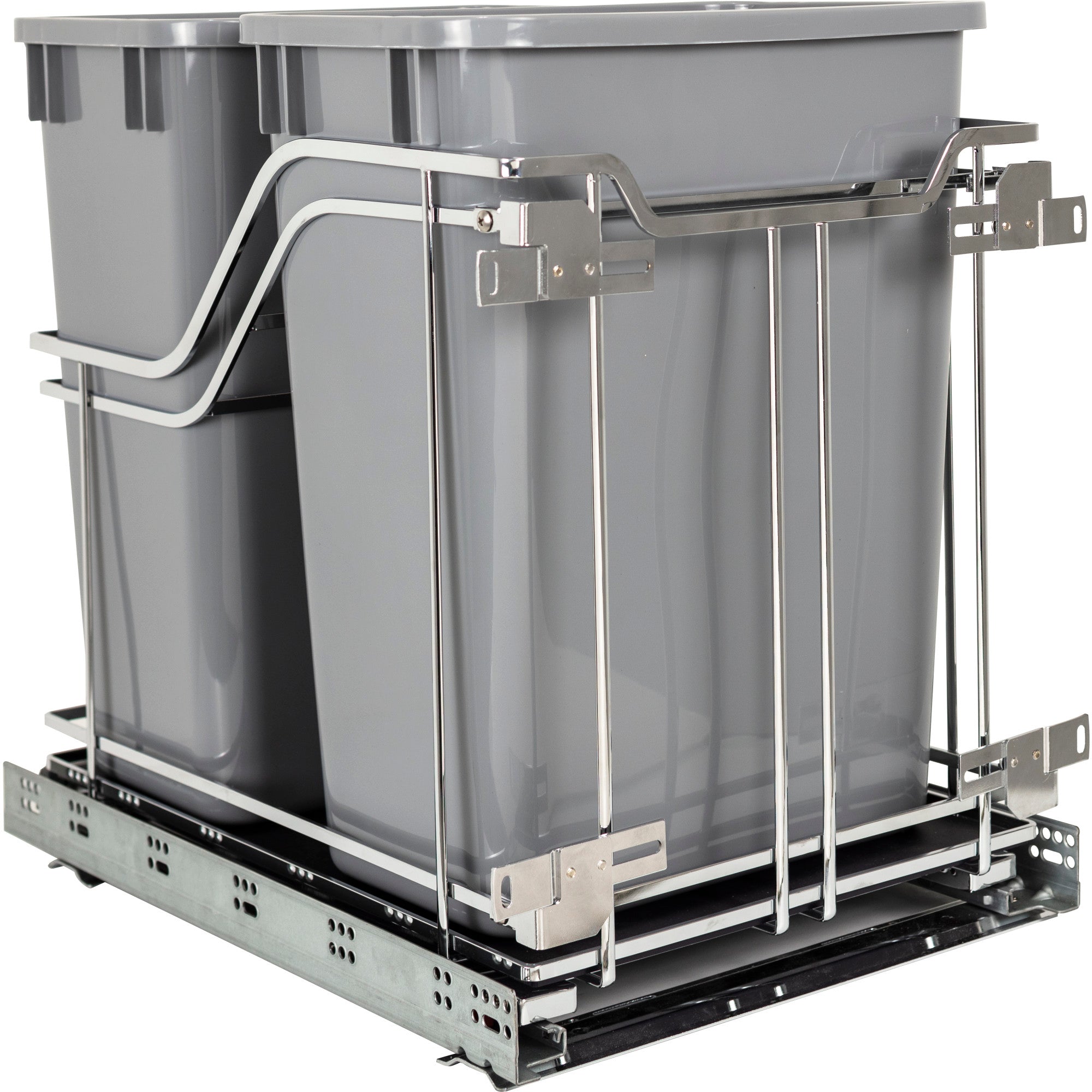 Double 35 Quart Polished Chrome STORAGE WITH STYLE® Metal Soft-close Trashcan Pullout | KitchBath