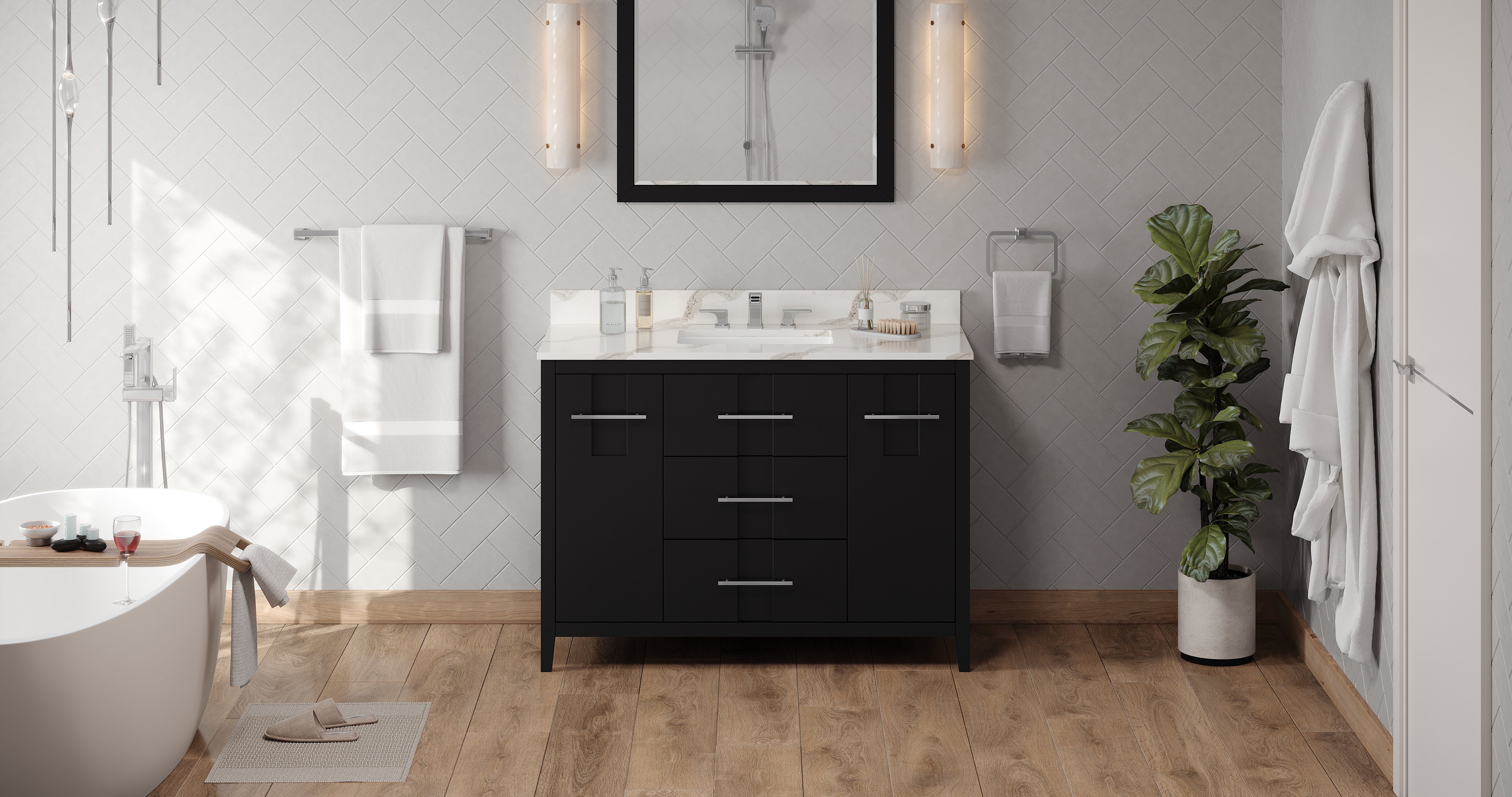 48" Black Katara Vanity, Calacatta Vienna Quartz Vanity Top, undermount rectangle bowl | KitchBath