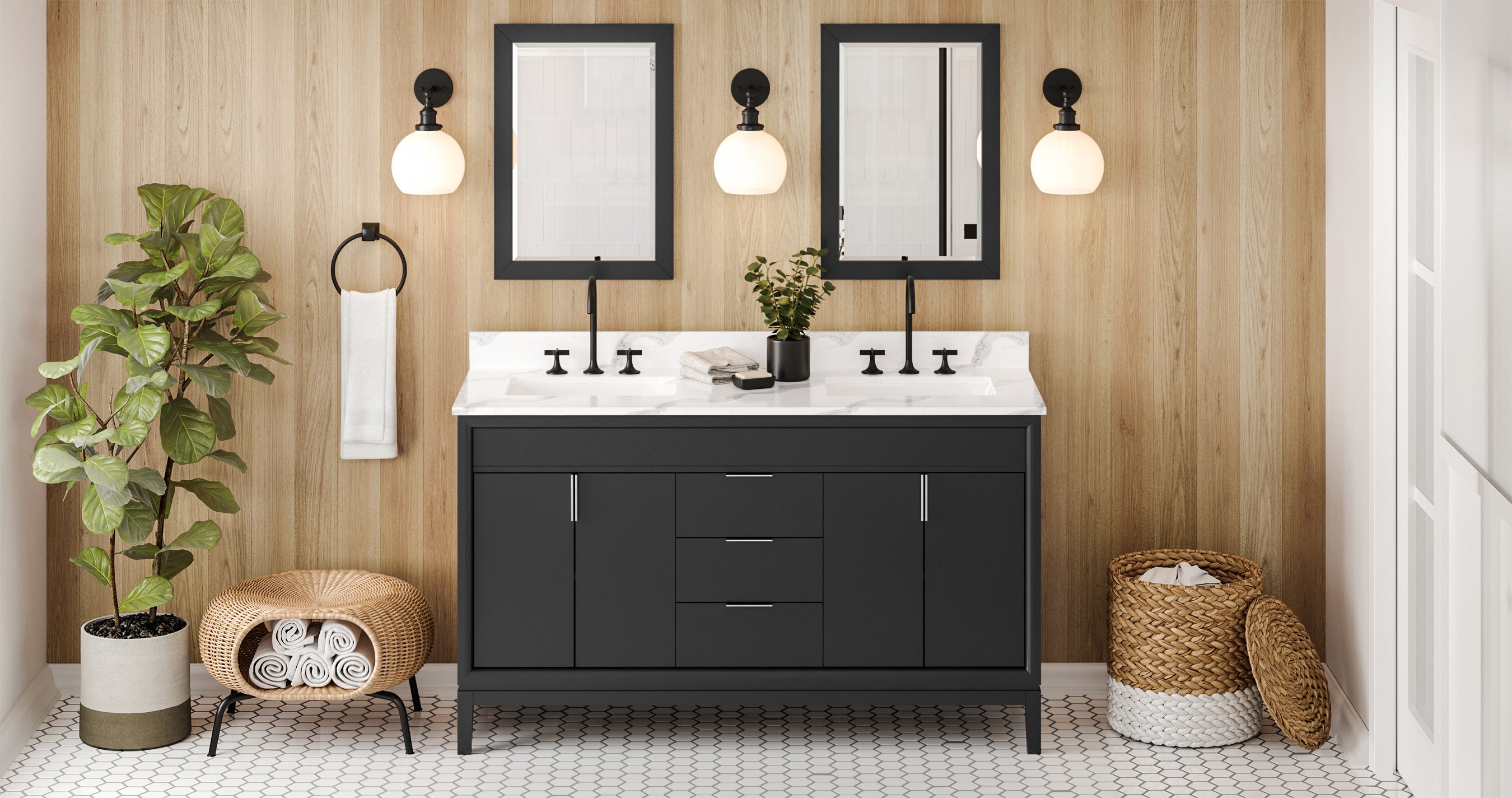 60" Black Theodora Vanity, double bowl, Calacatta Vienna Quartz Vanity Top, two undermount rectangle bowls | KitchBath