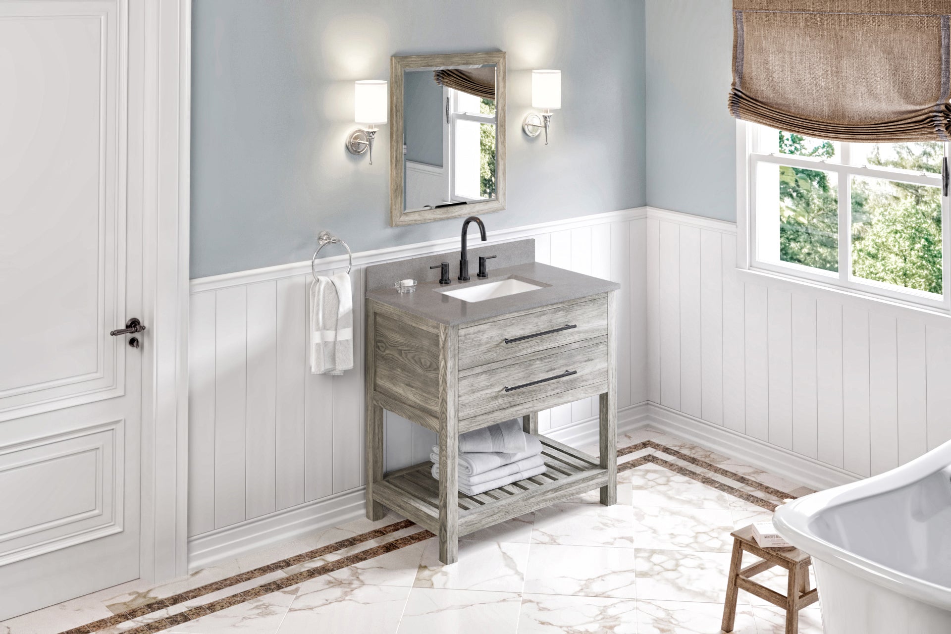 36" Weathered Grey Wavecrest Vanity, Steel Grey Cultured Marble Vanity Top, undermount rectangle bowl | KitchBath