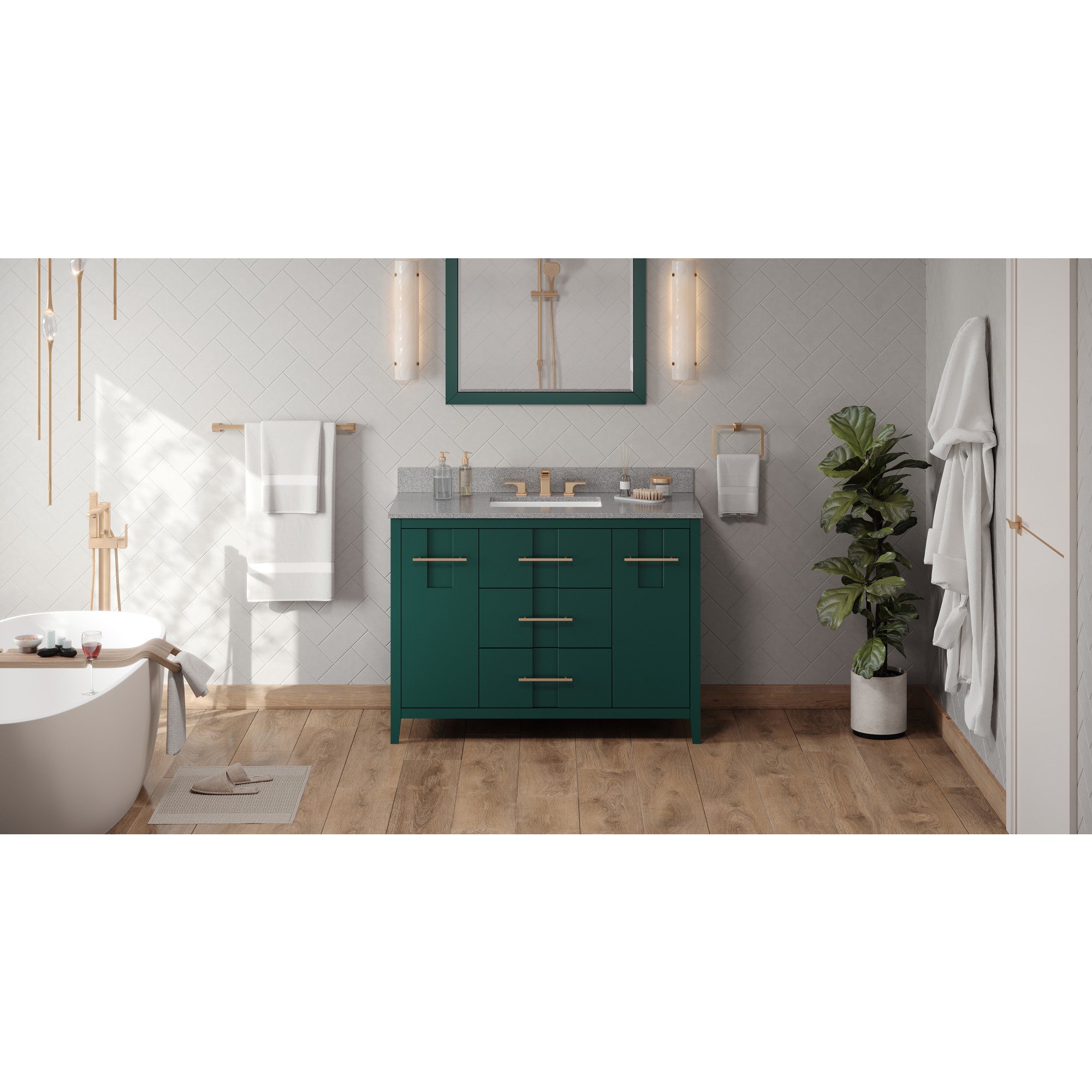 48" Forest Green Katara Vanity, Steel Grey Cultured Marble Vanity Top, undermount rectangle bowl | KitchBath