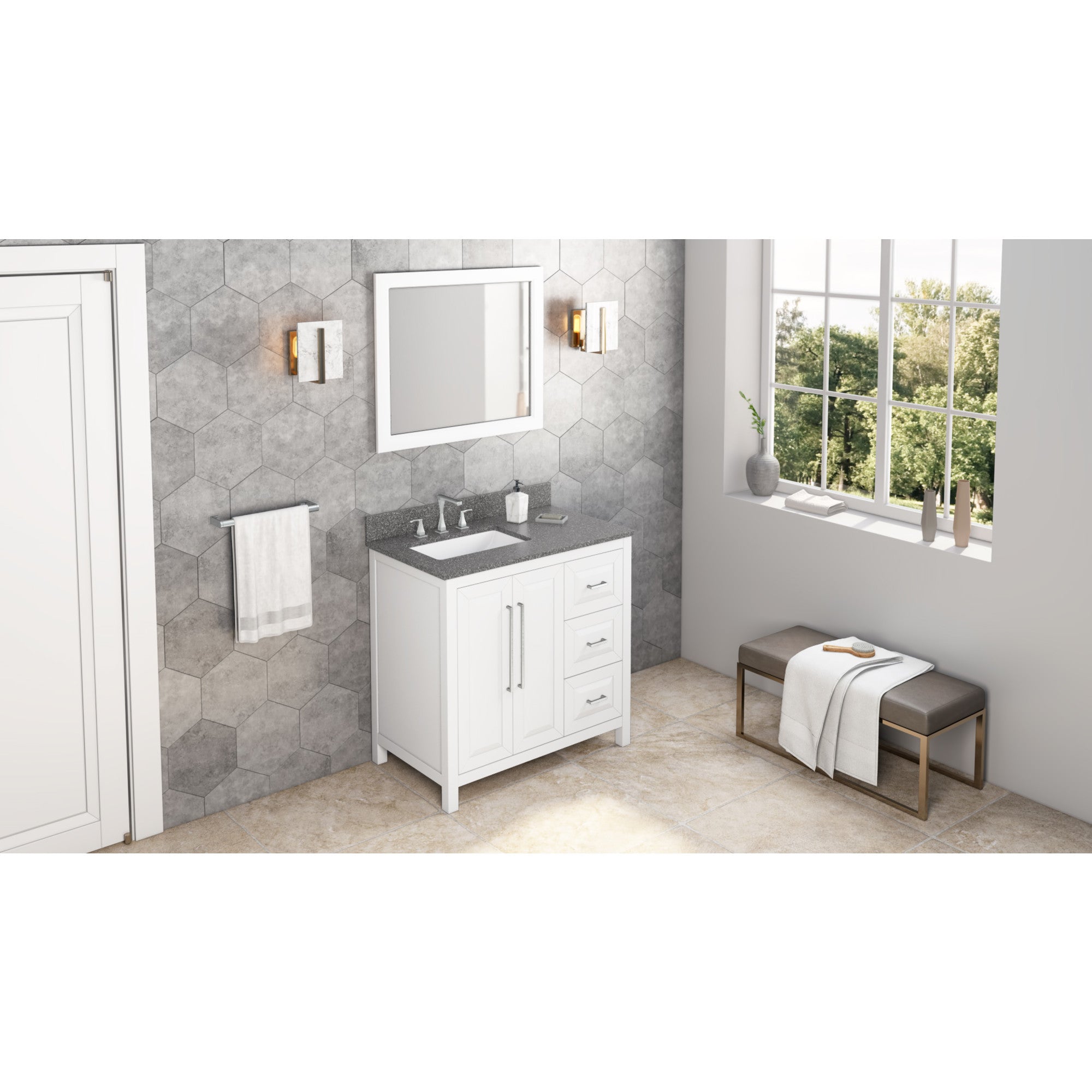 36" White Cade Vanity, left offset, Boulder Vanity Cultured Marble Vanity Top, undermount rectangle bowl | KitchBath