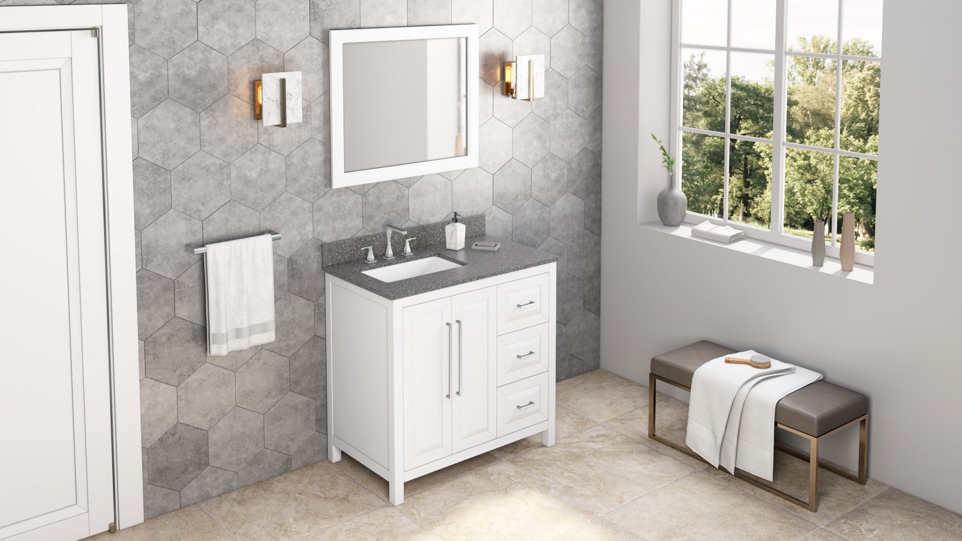 36" White Cade Vanity, left offset, Boulder Vanity Cultured Marble Vanity Top, undermount rectangle bowl