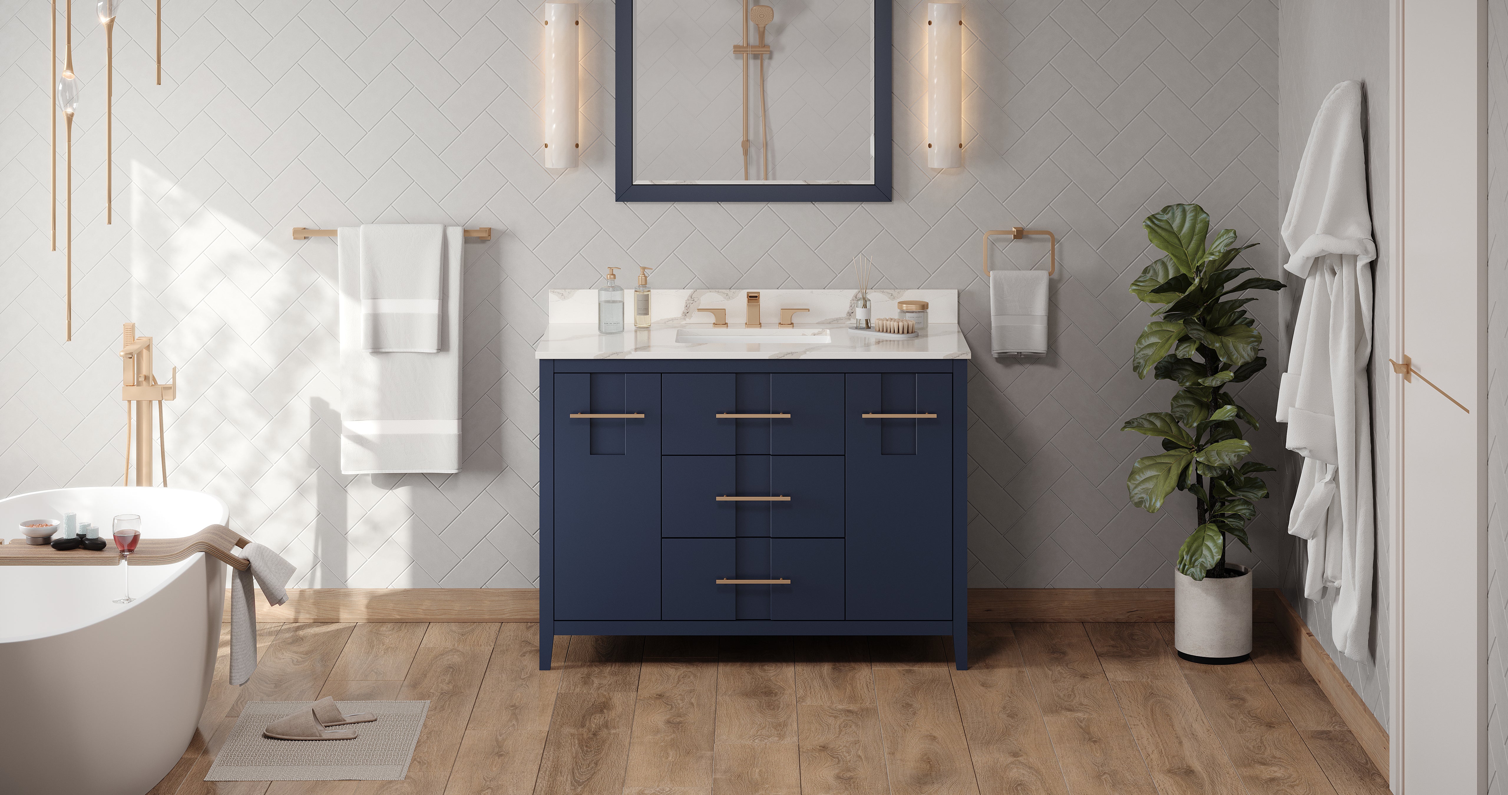 48" Hale Blue Katara Vanity, Calacatta Vienna Quartz Vanity Top, undermount rectangle bowl | KitchBath