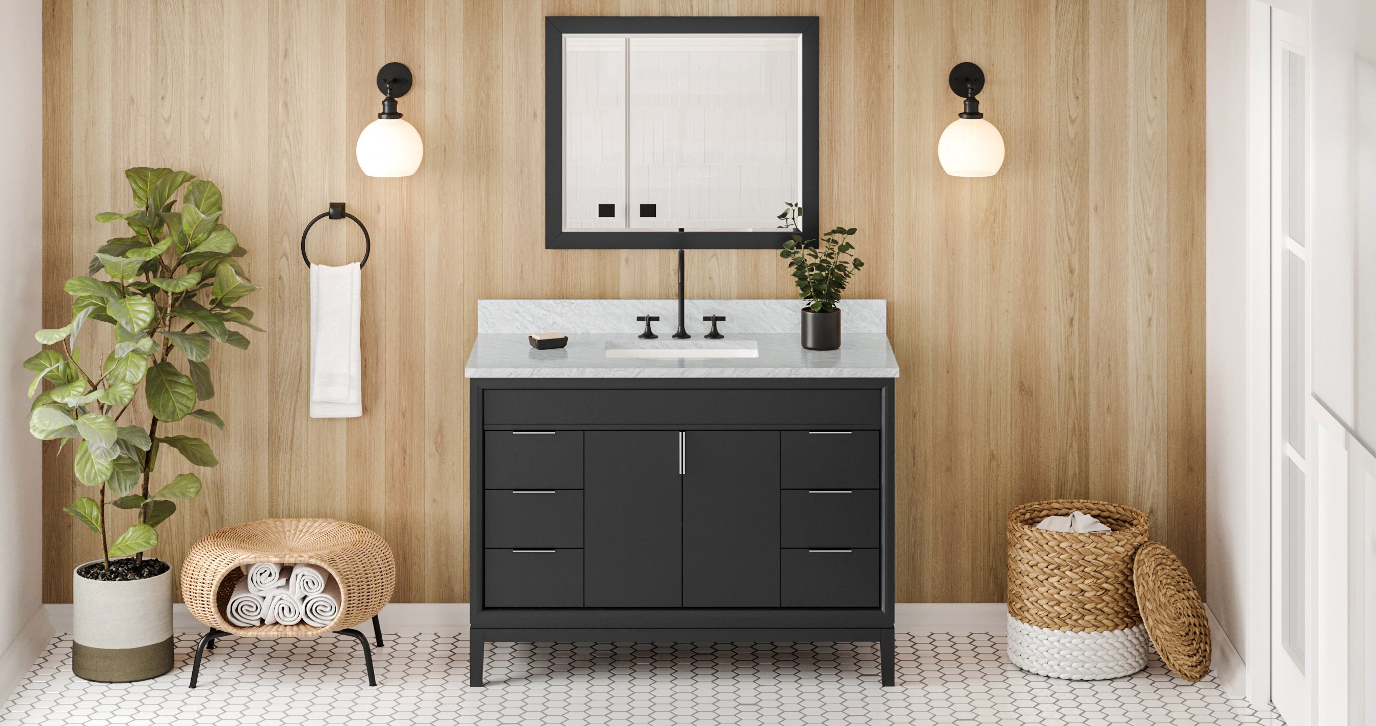 48" Black Theodora Vanity, White Carrara Marble Vanity Top, undermount rectangle bowl | KitchBath