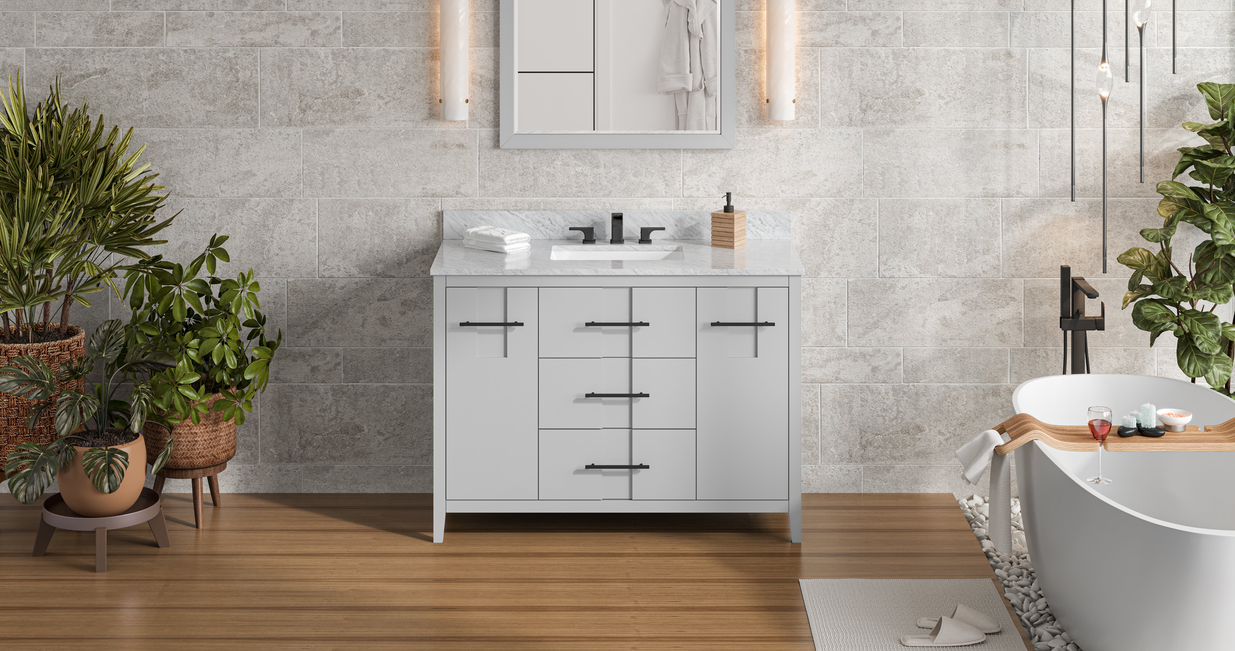 48" Grey Katara Vanity, White Carrara Marble Vanity Top, undermount rectangle bowl | KitchBath