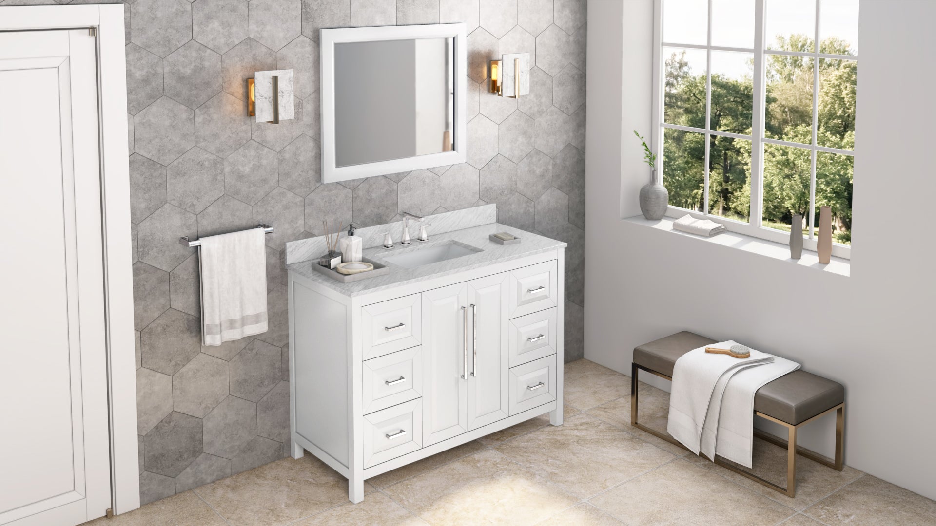 48" White Cade Vanity, White Carrara Marble Vanity Top, undermount rectangle bowl