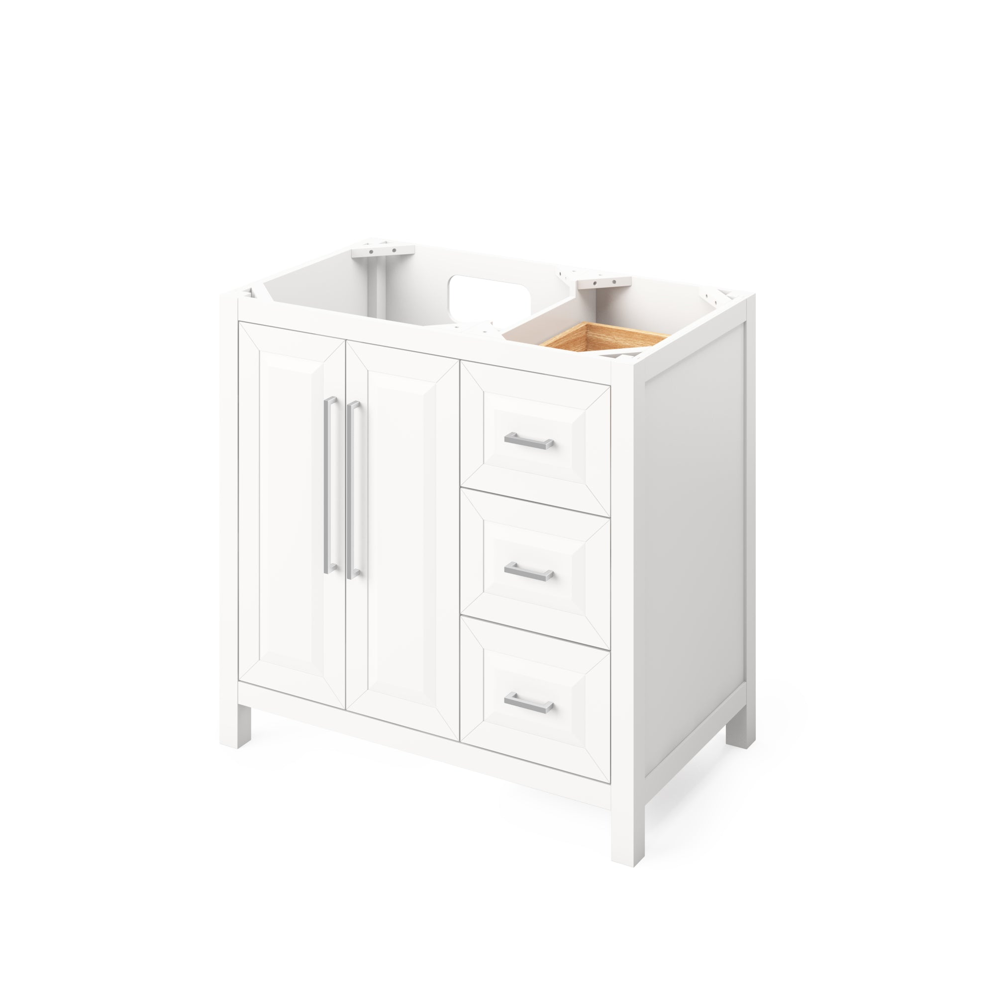 36" White Cade Vanity, left offset, Boulder Vanity Cultured Marble Vanity Top, undermount rectangle bowl | KitchBath