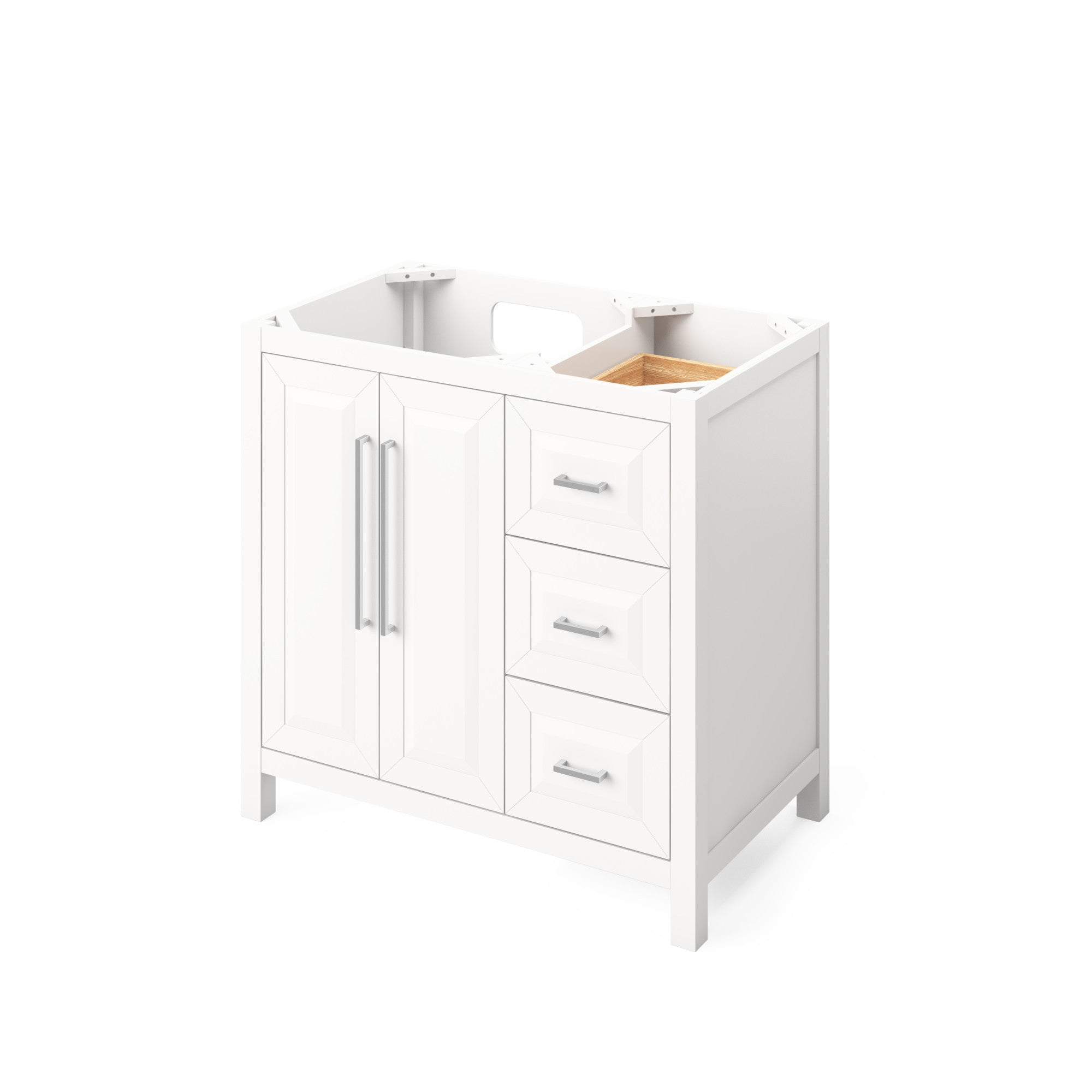 36" White Cade Vanity, left offset, Black Granite Vanity Top, undermount rectangle bowl | KitchBath