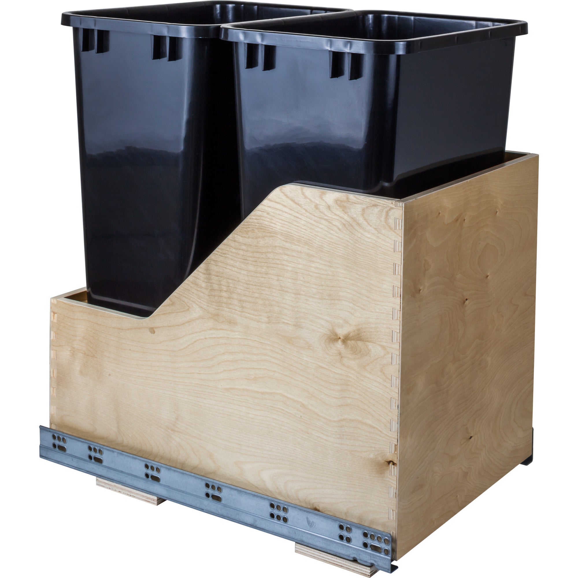 Double 50 Quart Wood Bottom-Mount Soft-close Trashcan Rollout for Hinged Doors, Includes Two Black Cans | KitchBath