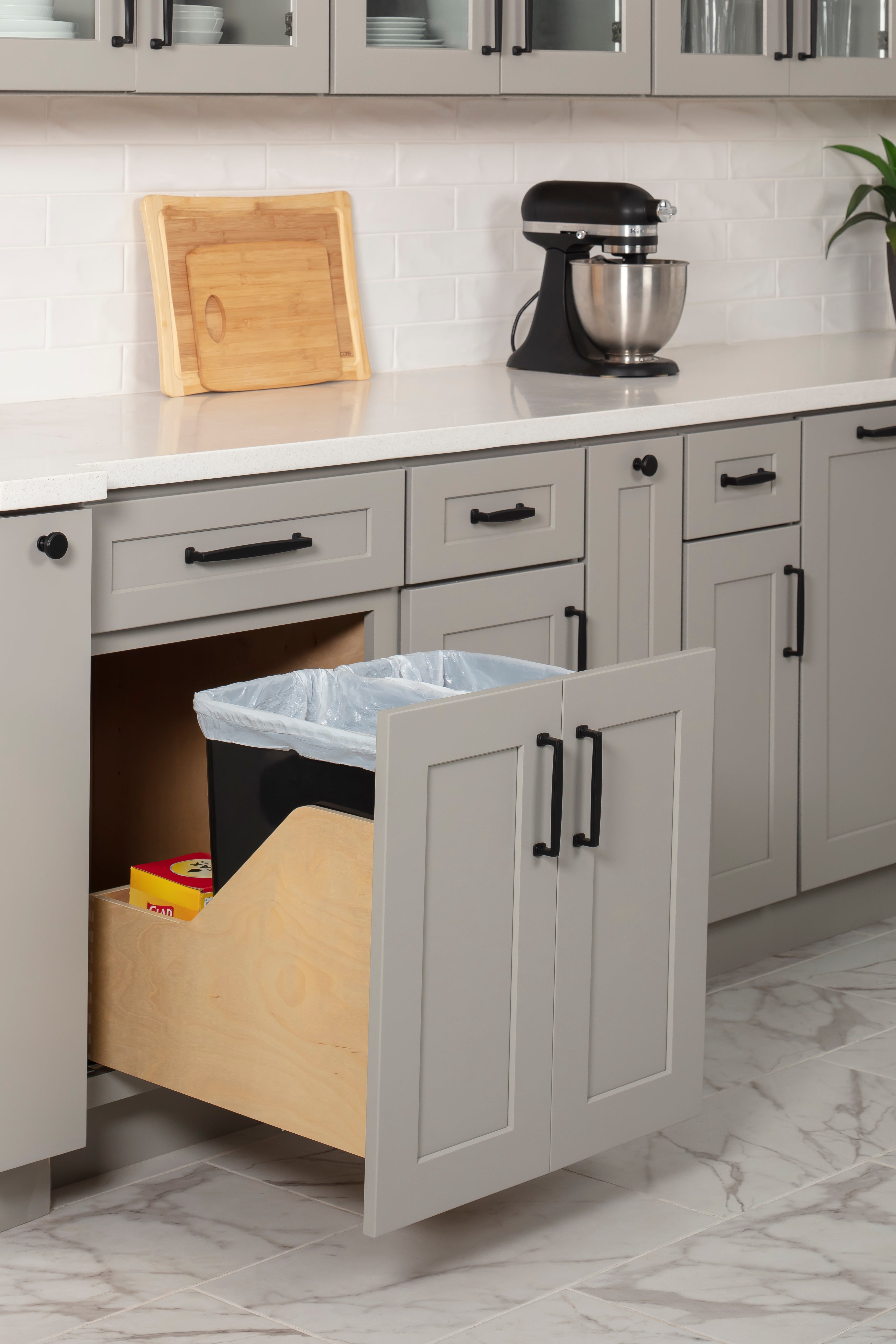 Double 35 Quart Wood Bottom-Mount Soft-close Trashcan Rollout for Door Mounting, Includes Two Black Cans and Door Joining Bracket | KitchBath
