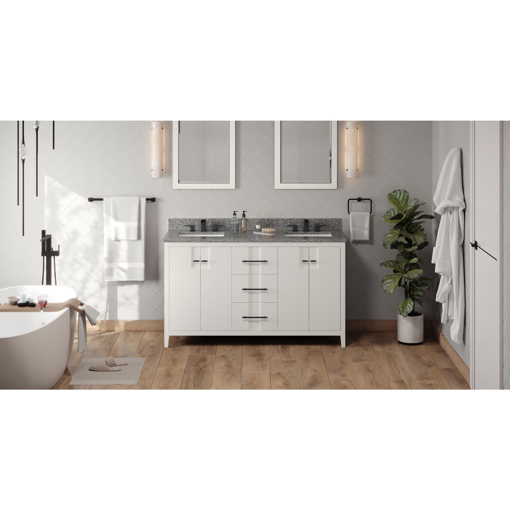 60" White Katara Vanity, double bowl, Boulder Cultured Marble Vanity Top, two undermount rectangle bowls | KitchBath