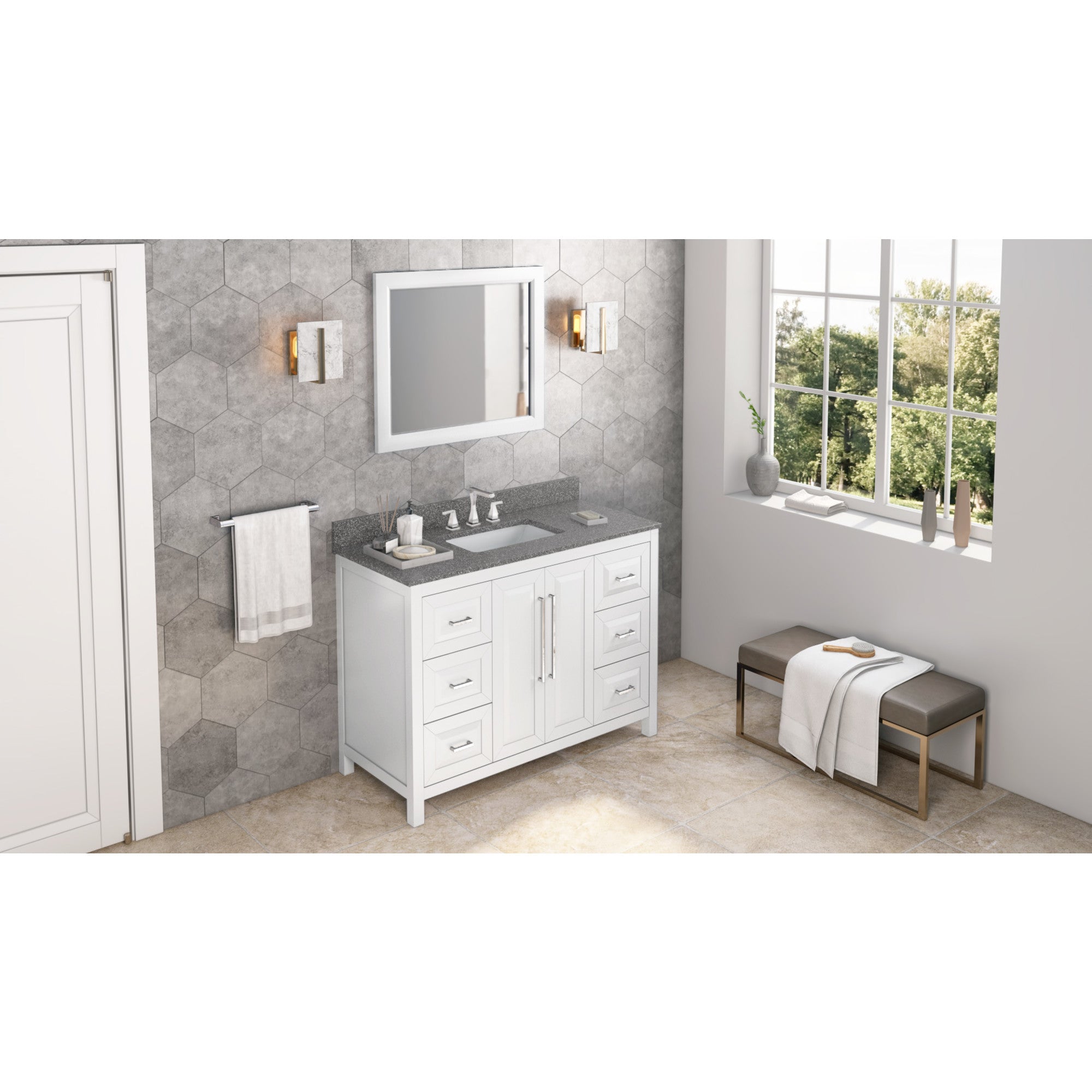48" White Cade Vanity, Boulder Cultured Marble Vanity Top, undermount rectangle bowl | KitchBath