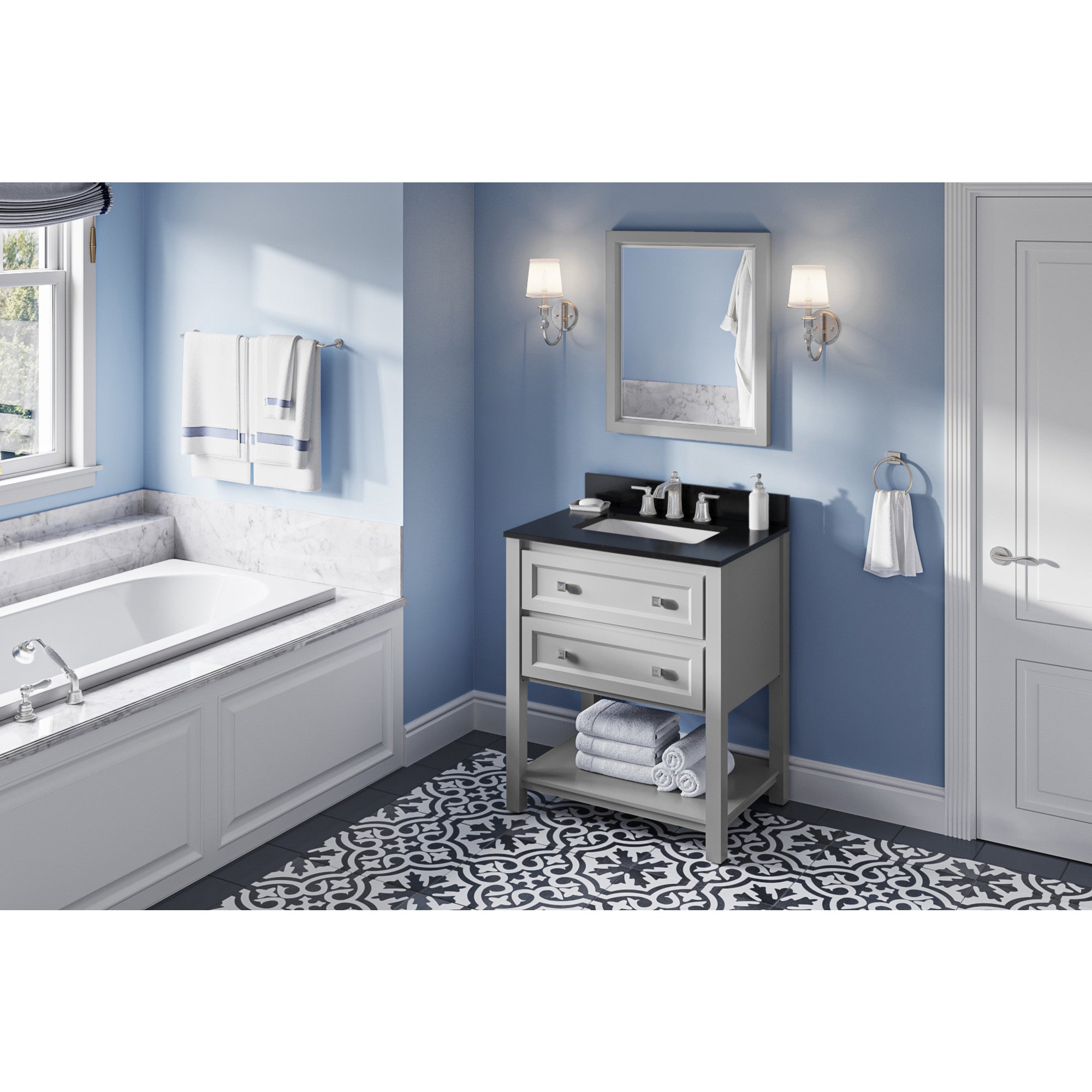 30" Grey Adler Vanity, Black Granite Vanity Top, undermount rectangle bowl | KitchBath