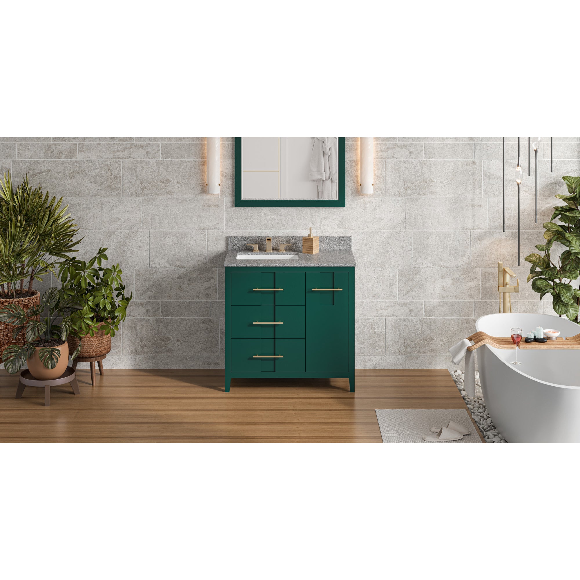 36" Forest Green Katara Vanity, left offset, Boulder Vanity Cultured Marble Vanity Top, undermount rectangle bowl | KitchBath