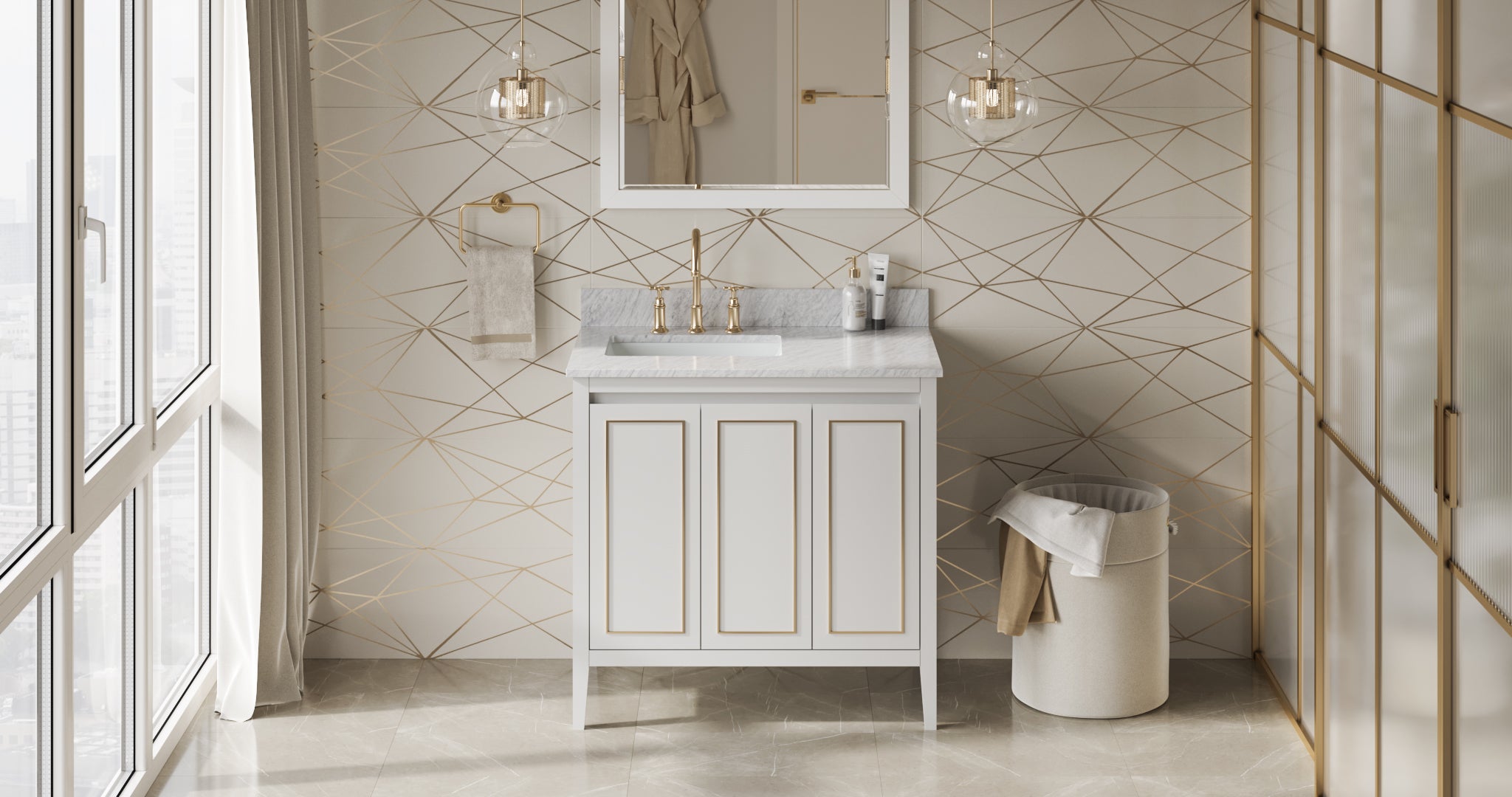 36" White Percival Vanity, left offset, White Carrara Marble Vanity Top, undermount rectangle bowl | KitchBath
