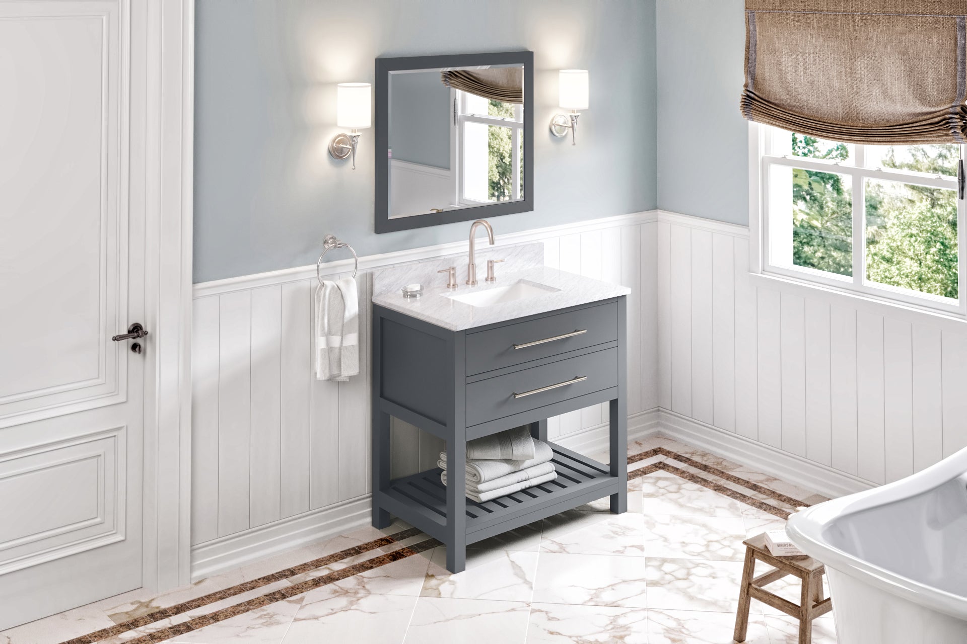 36" Grey Wavecrest Vanity, White Carrara Marble Vanity Top, undermount rectangle bowl