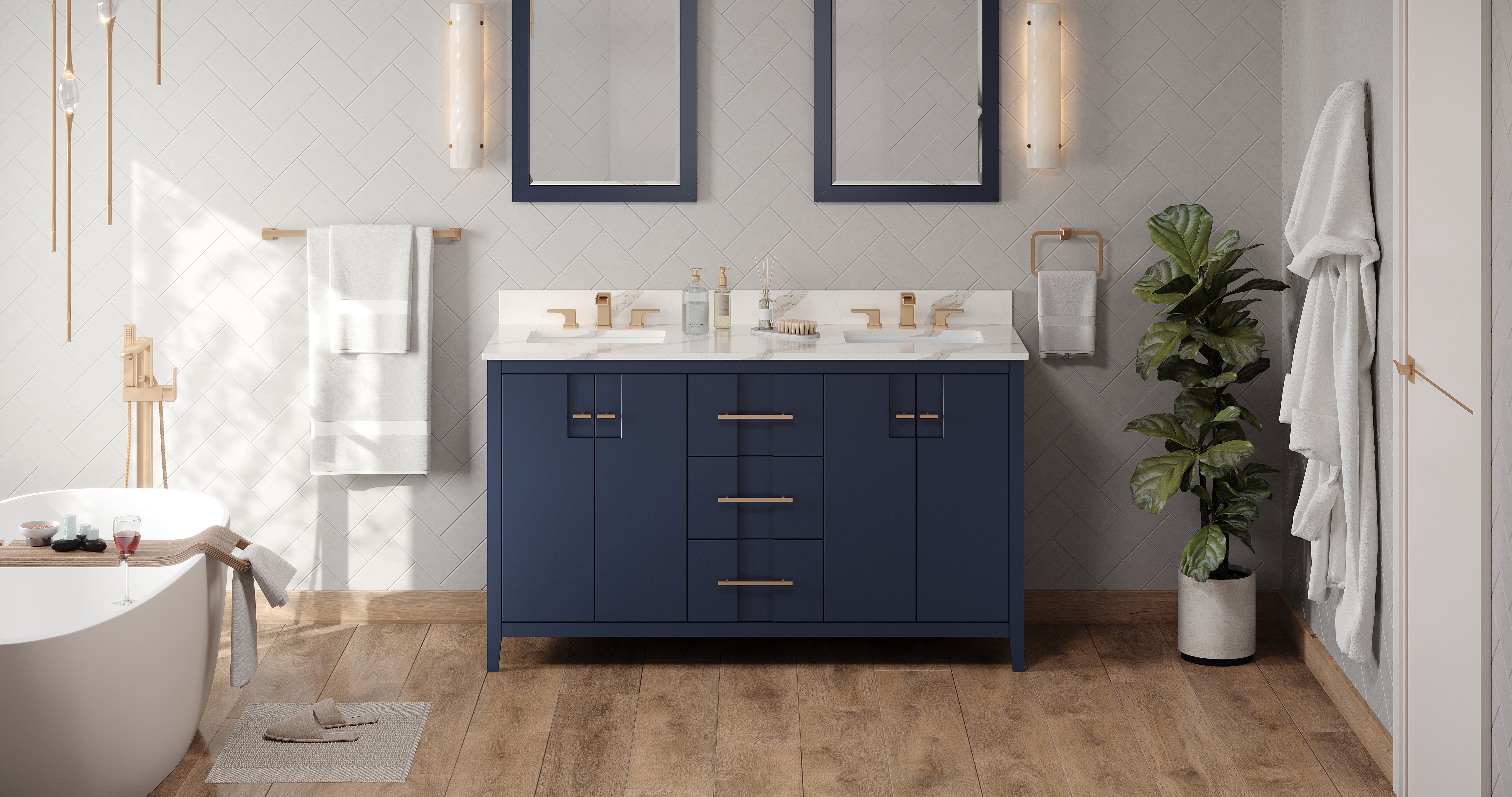 60" Hale Blue Katara Vanity, double bowl, Calacatta Vienna Quartz Vanity Top, two undermount rectangle bowls | KitchBath