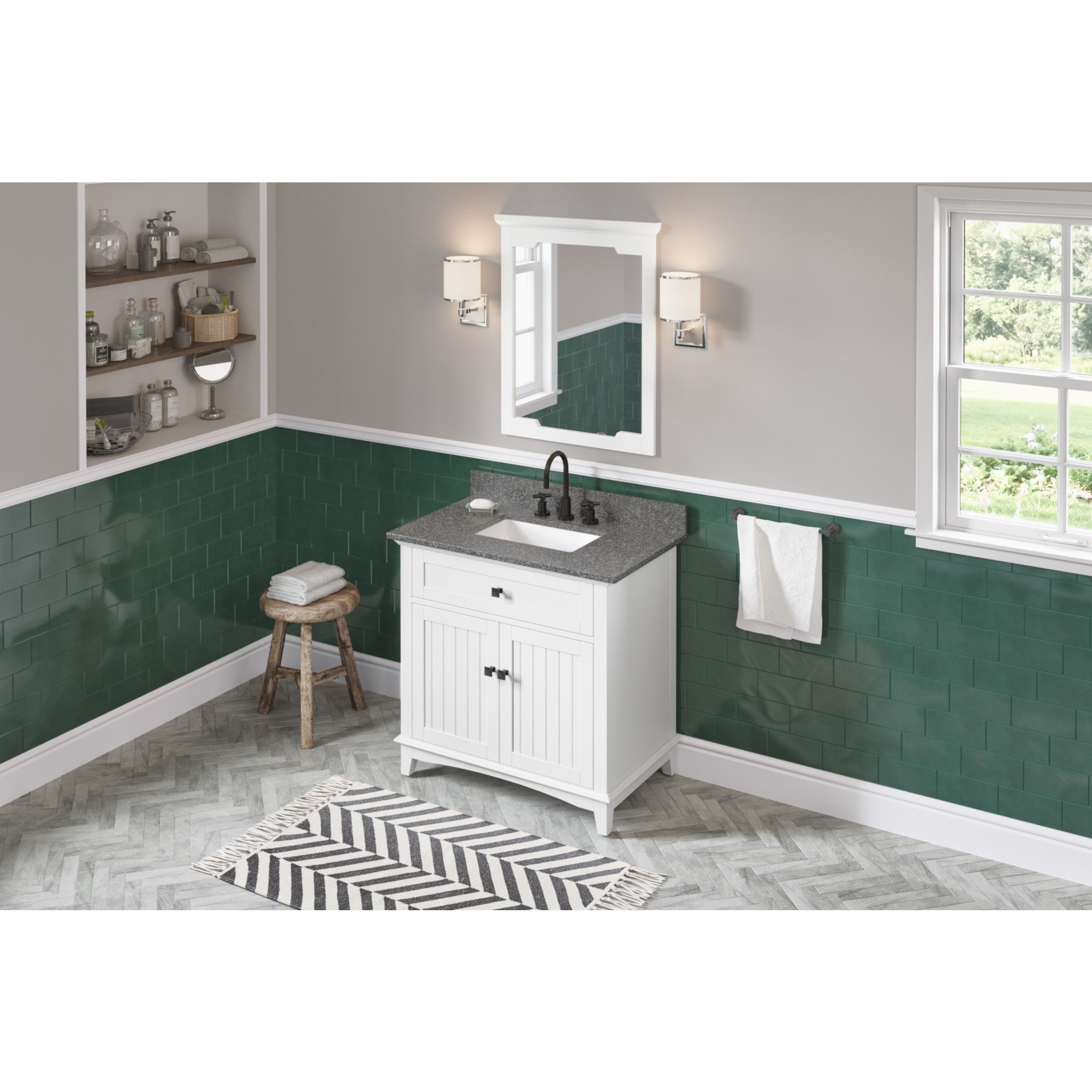 36" White Savino Vanity, Boulder Cultured Marble Vanity Top, undermount rectangle bowl | KitchBath