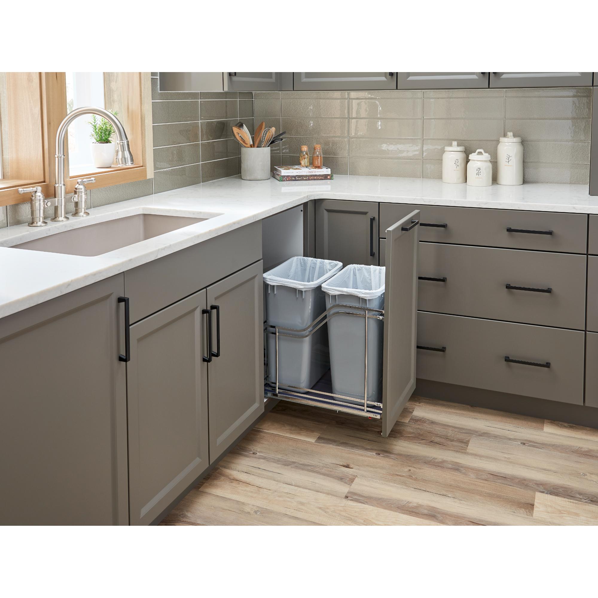 Double 35 Quart Polished Chrome STORAGE WITH STYLE® Metal Soft-close Trashcan Pullout | KitchBath