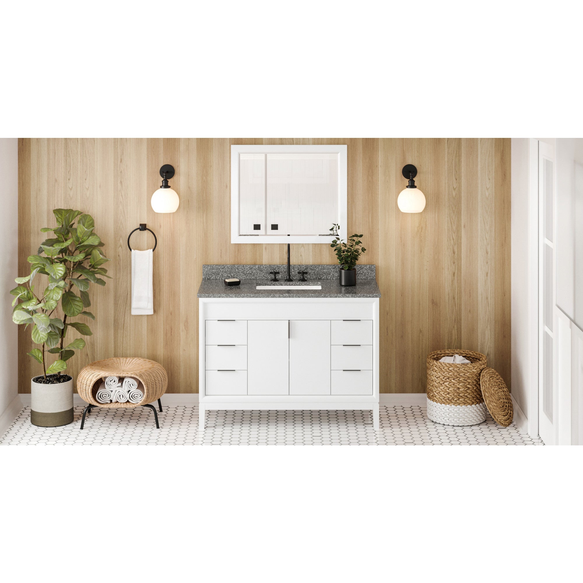 48" White Theodora Vanity, Boulder Cultured Marble Vanity Top, undermount rectangle bowl | KitchBath