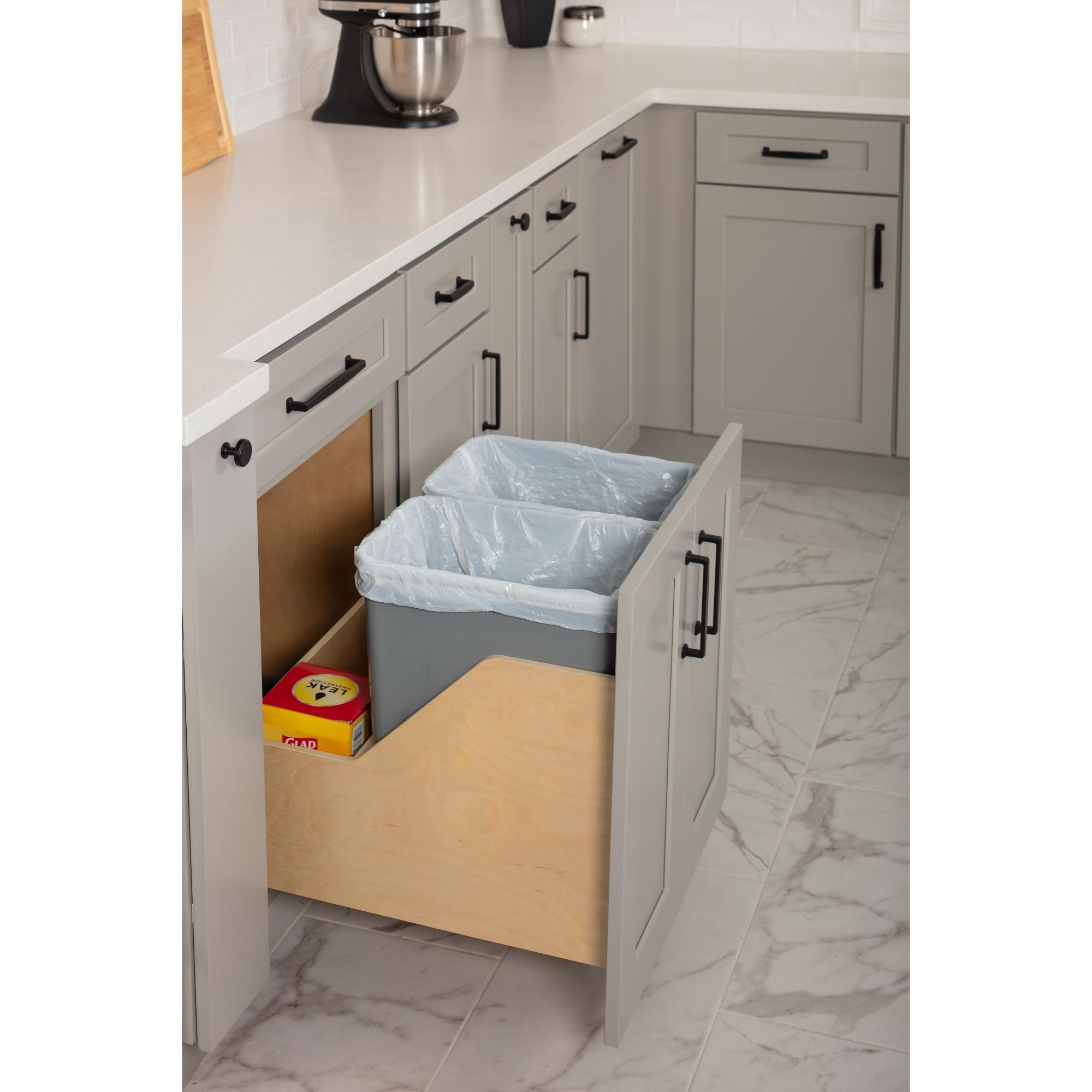Double 35 Quart Wood Bottom-Mount Soft-close Trashcan Rollout for Door Mounting, Includes Two Grey Cans and Door Joining Bracket | KitchBath
