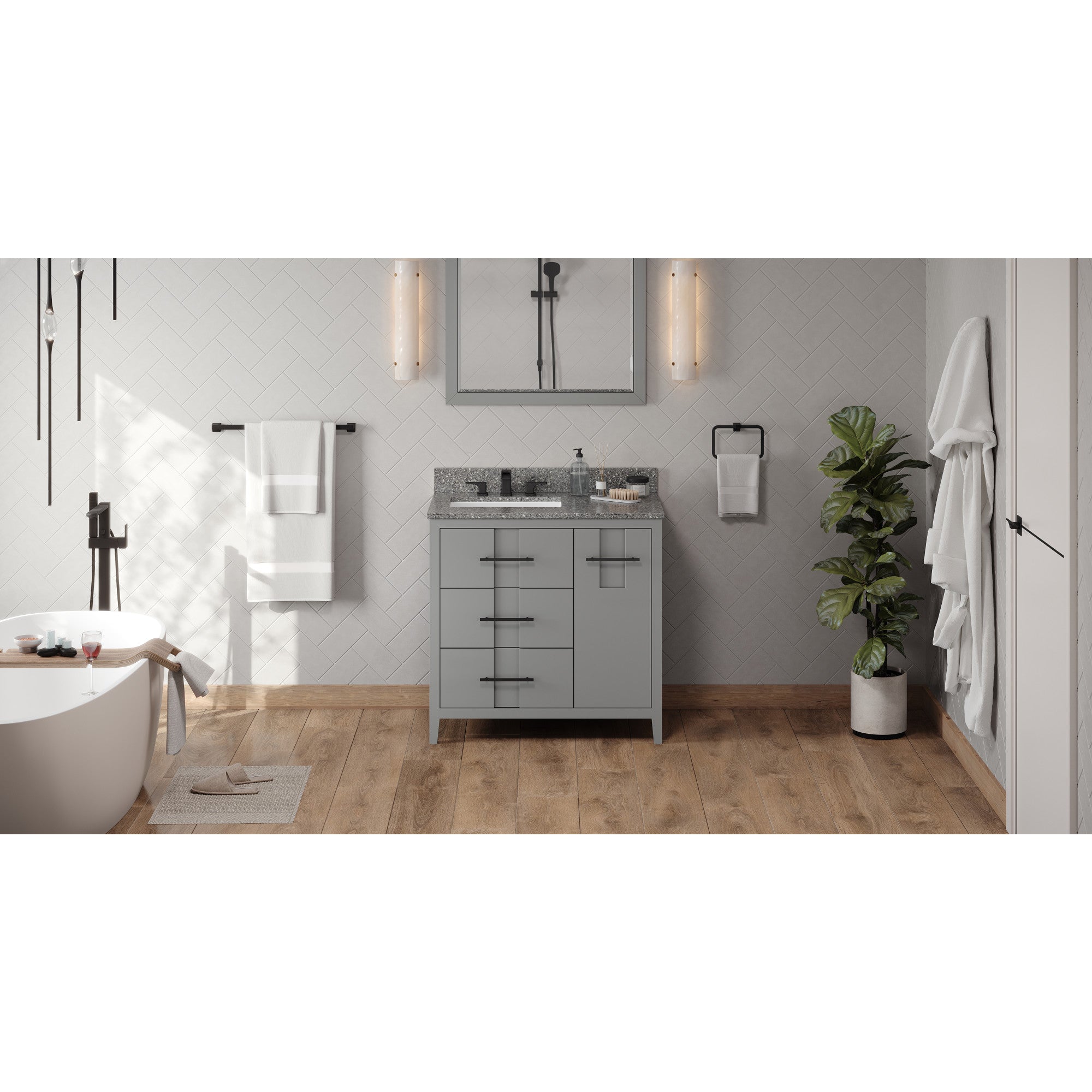 36" Grey Katara Vanity, left offset, Boulder Vanity Cultured Marble Vanity Top, undermount rectangle bowl | KitchBath