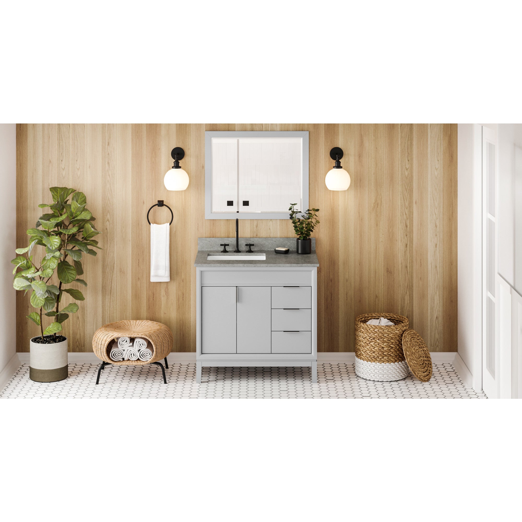 36" Grey Theodora Vanity, left offset, Steel Grey Cultured Marble Vanity Top, undermount rectangle bowl | KitchBath