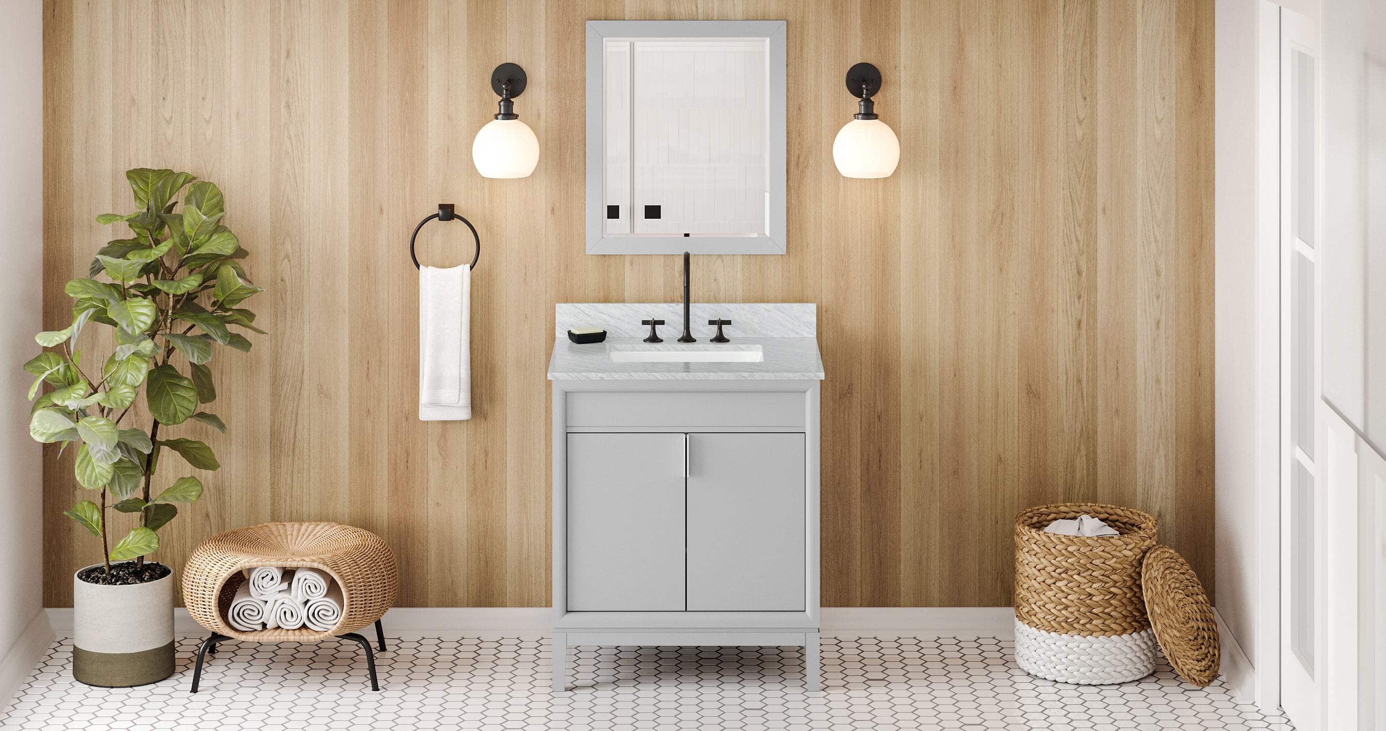 30" Grey Theodora Vanity, White Carrara Marble Vanity Top, undermount rectangle bowl | KitchBath