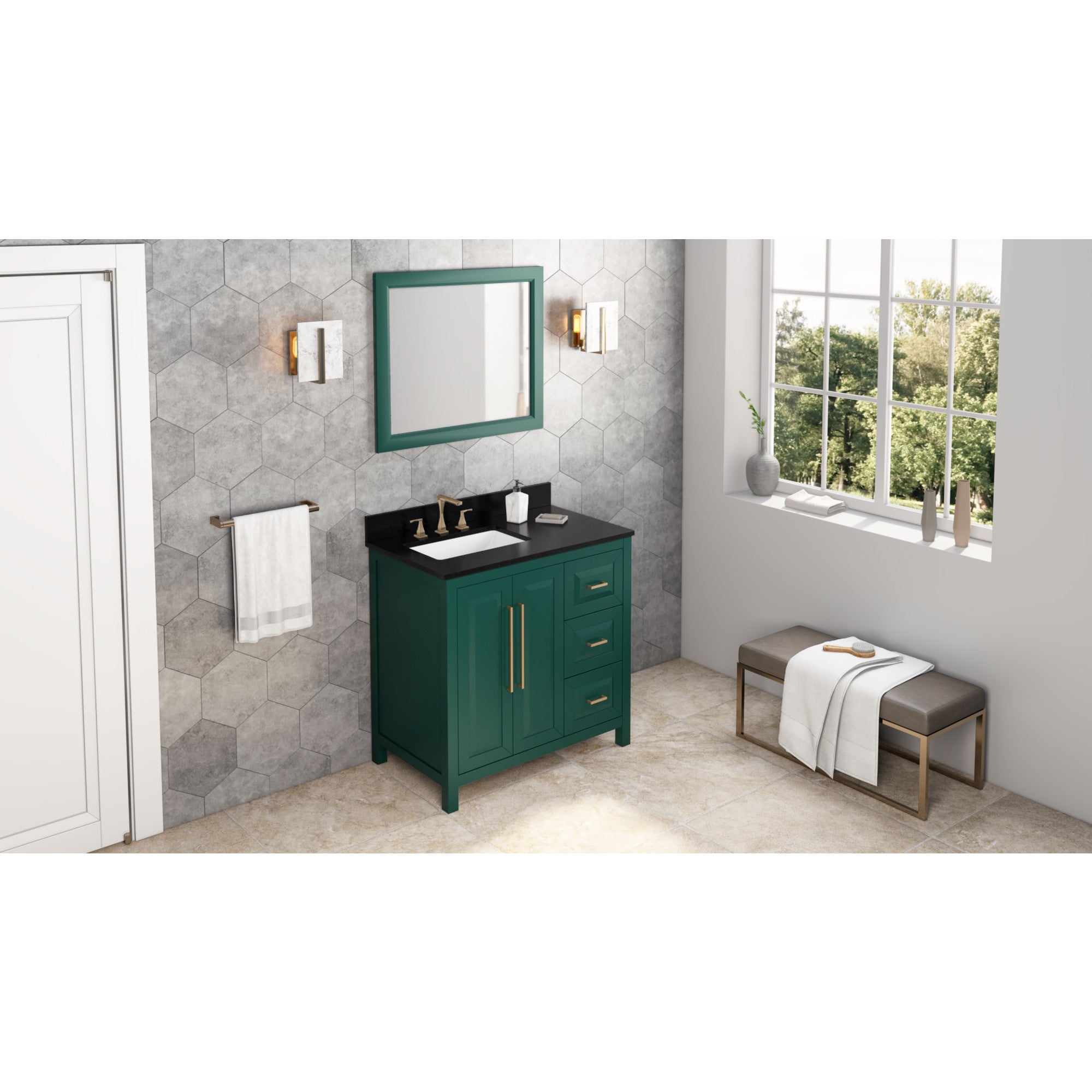 36" Forest Green Cade Vanity, left offset, Black Granite Vanity Top, undermount rectangle bowl | KitchBath