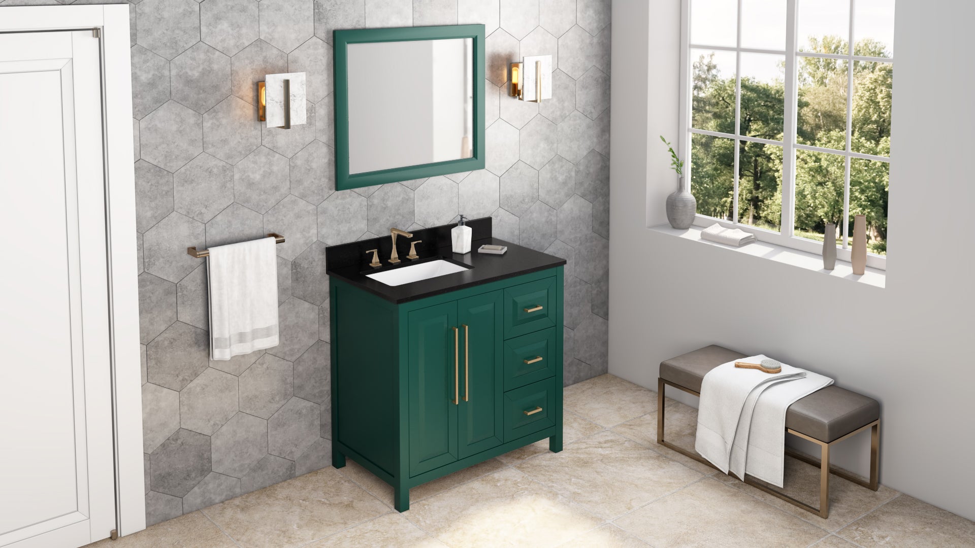 36" Forest Green Cade Vanity, left offset, Black Granite Vanity Top, undermount rectangle bowl