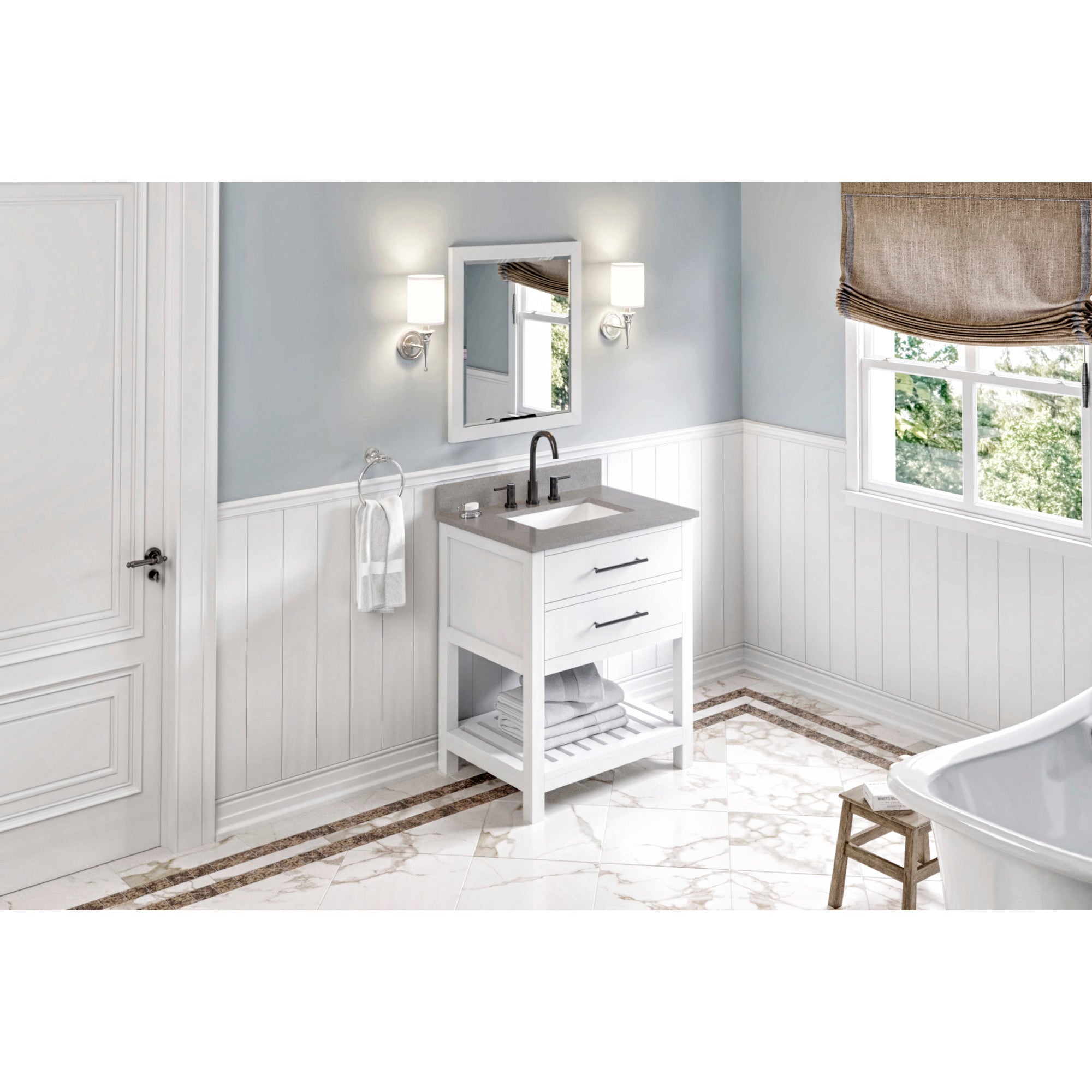 30" White Wavecrest Vanity, Steel Grey Cultured Marble Vanity Top, undermount rectangle bowl | KitchBath