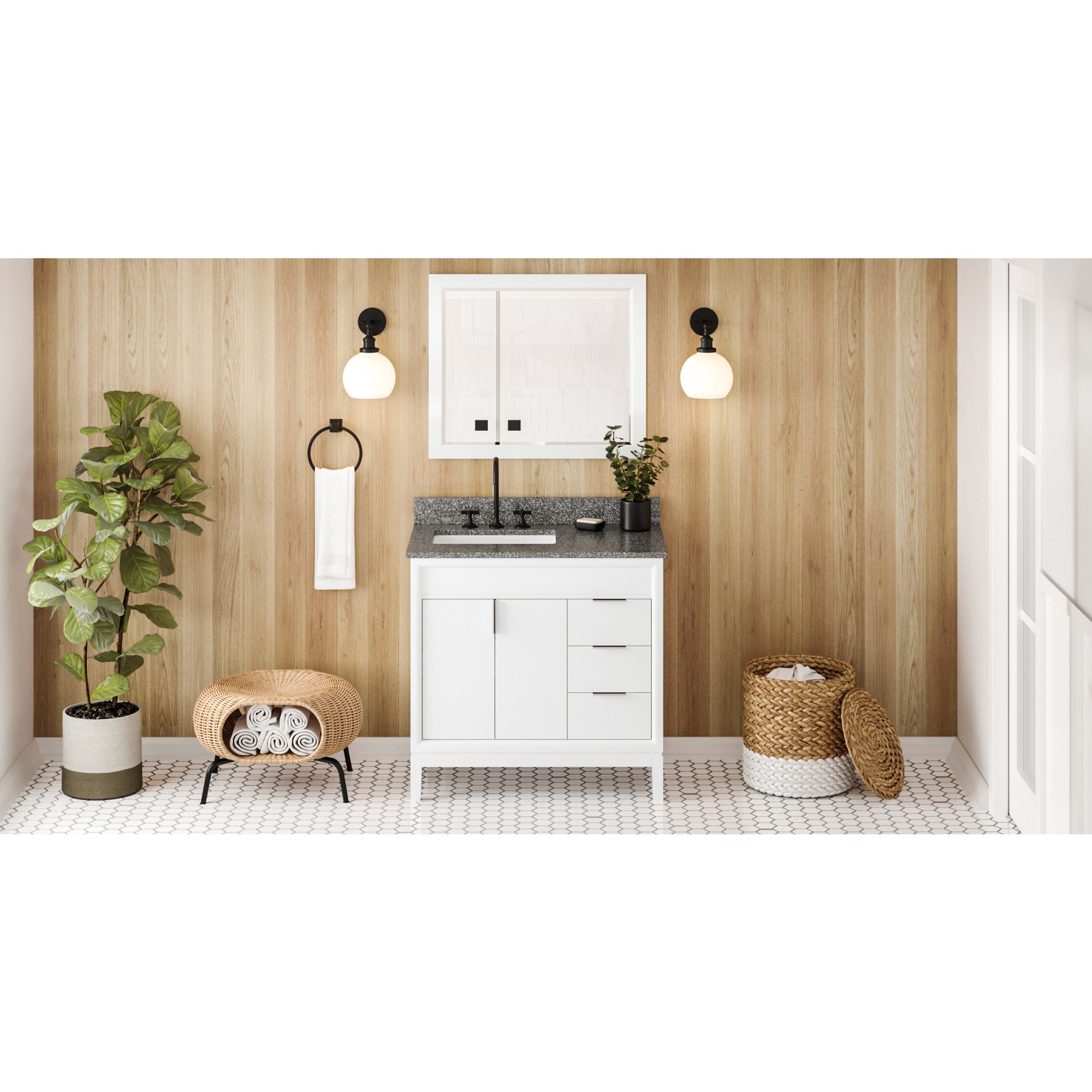 36" White Theodora Vanity, left offset, Boulder Vanity Cultured Marble Vanity Top, undermount rectangle bowl | KitchBath