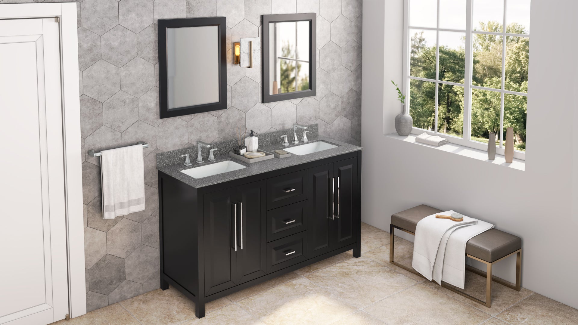 60" Black Cade Vanity, double bowl, Boulder Cultured Marble Vanity Top, two undermount rectangle bowls