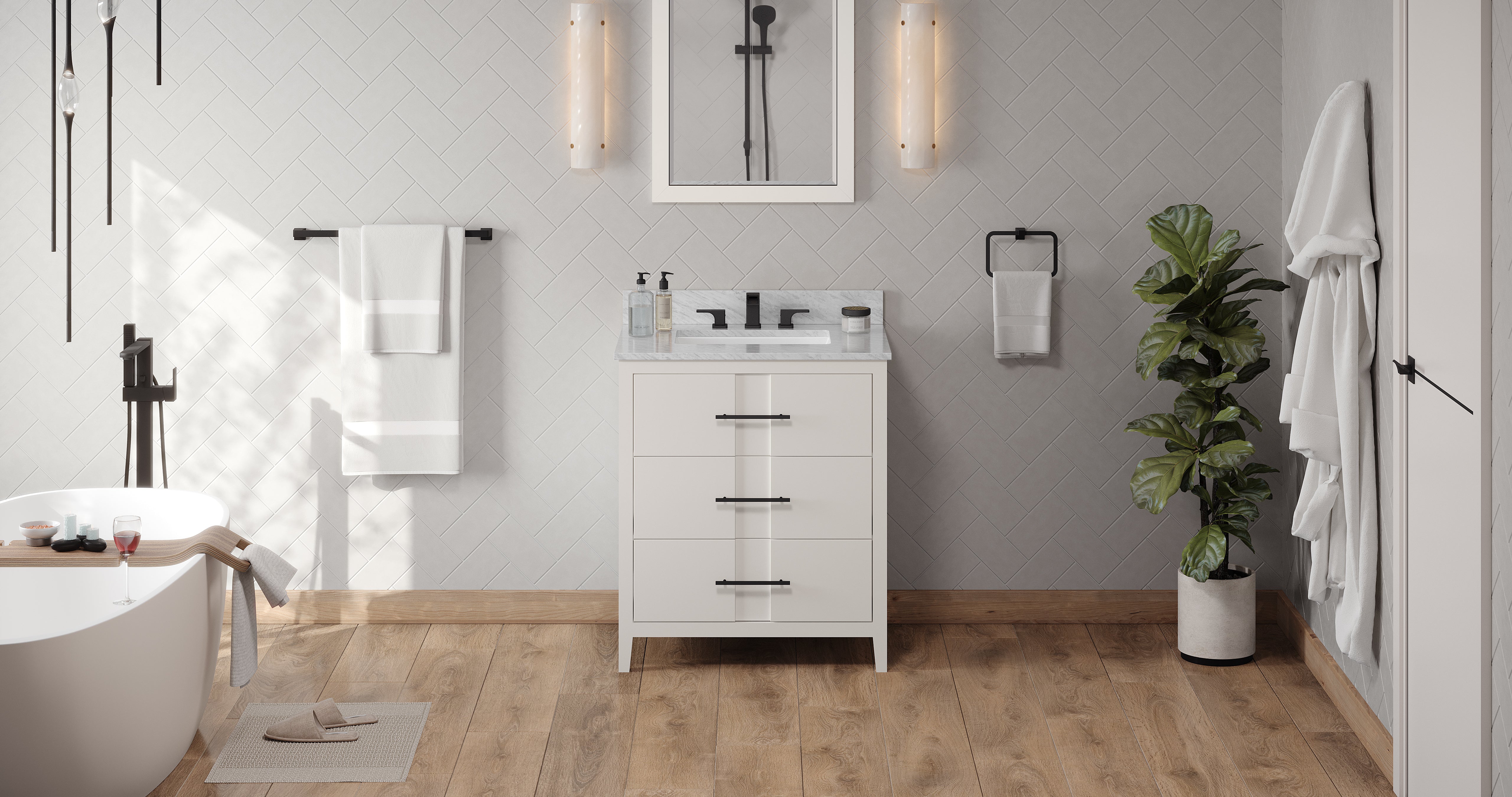 30" White Katara Vanity, White Carrara Marble Vanity Top, undermount rectangle bowl | KitchBath