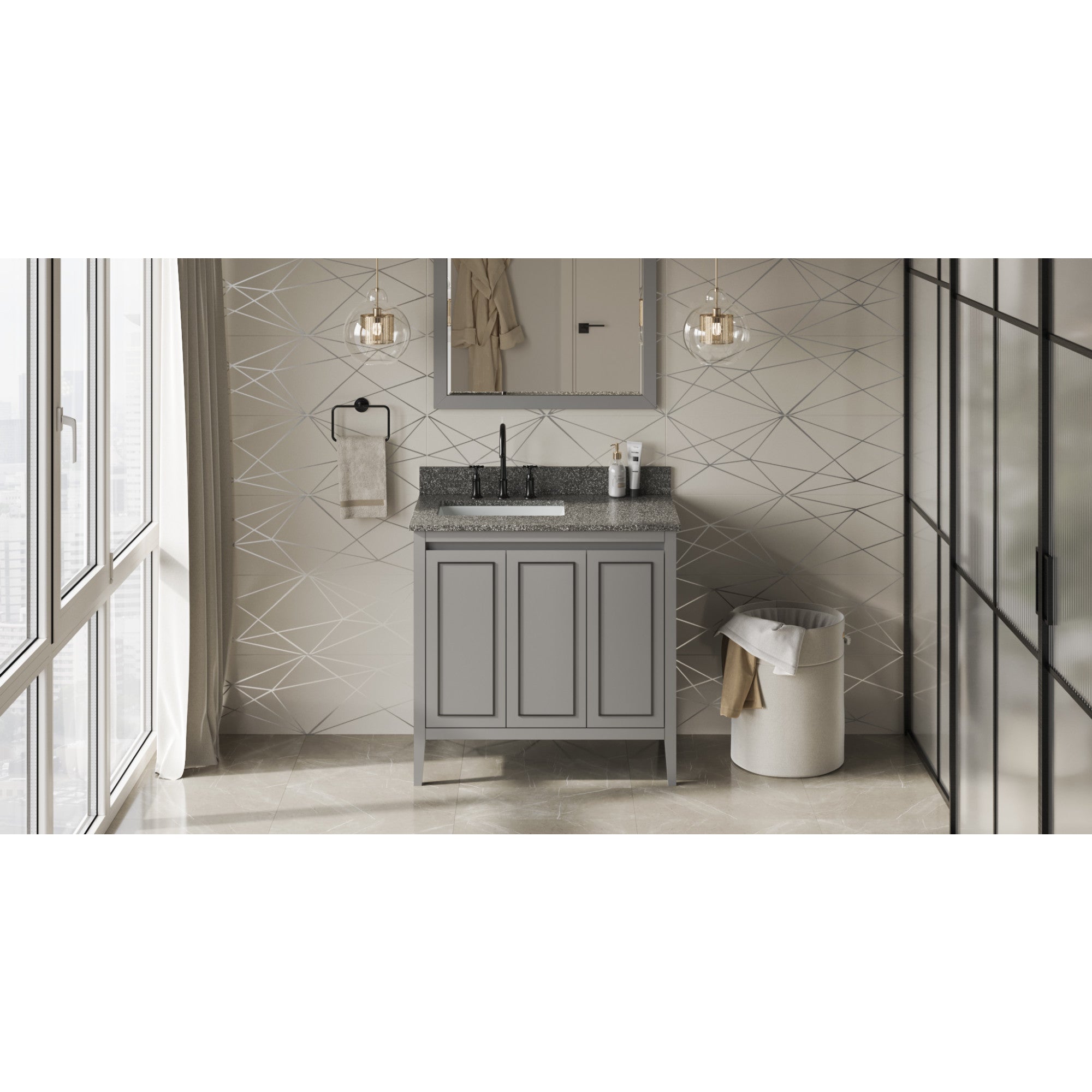 36" Grey Percival Vanity, left offset, Boulder Vanity Cultured Marble Vanity Top, undermount rectangle bowl | KitchBath