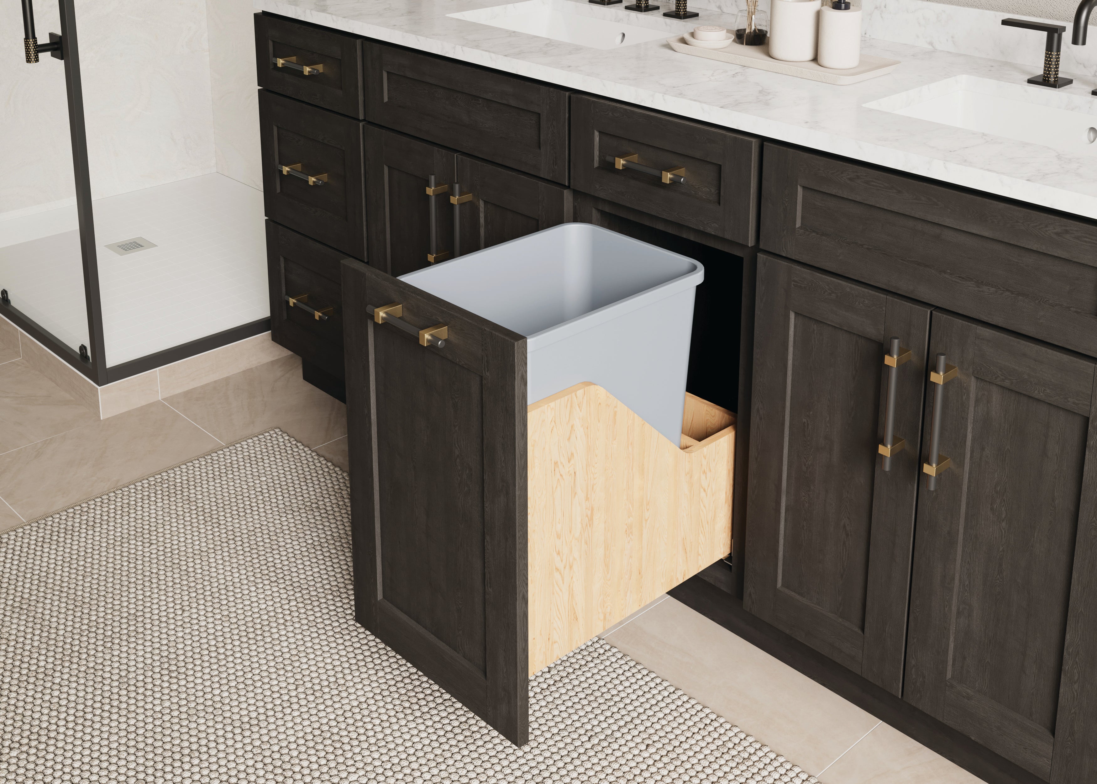 Single 35 Quart Wood Bottom-Mount Soft-close Vanity Trashcan Rollout for Hinged Doors, Includes One Grey Can | KitchBath