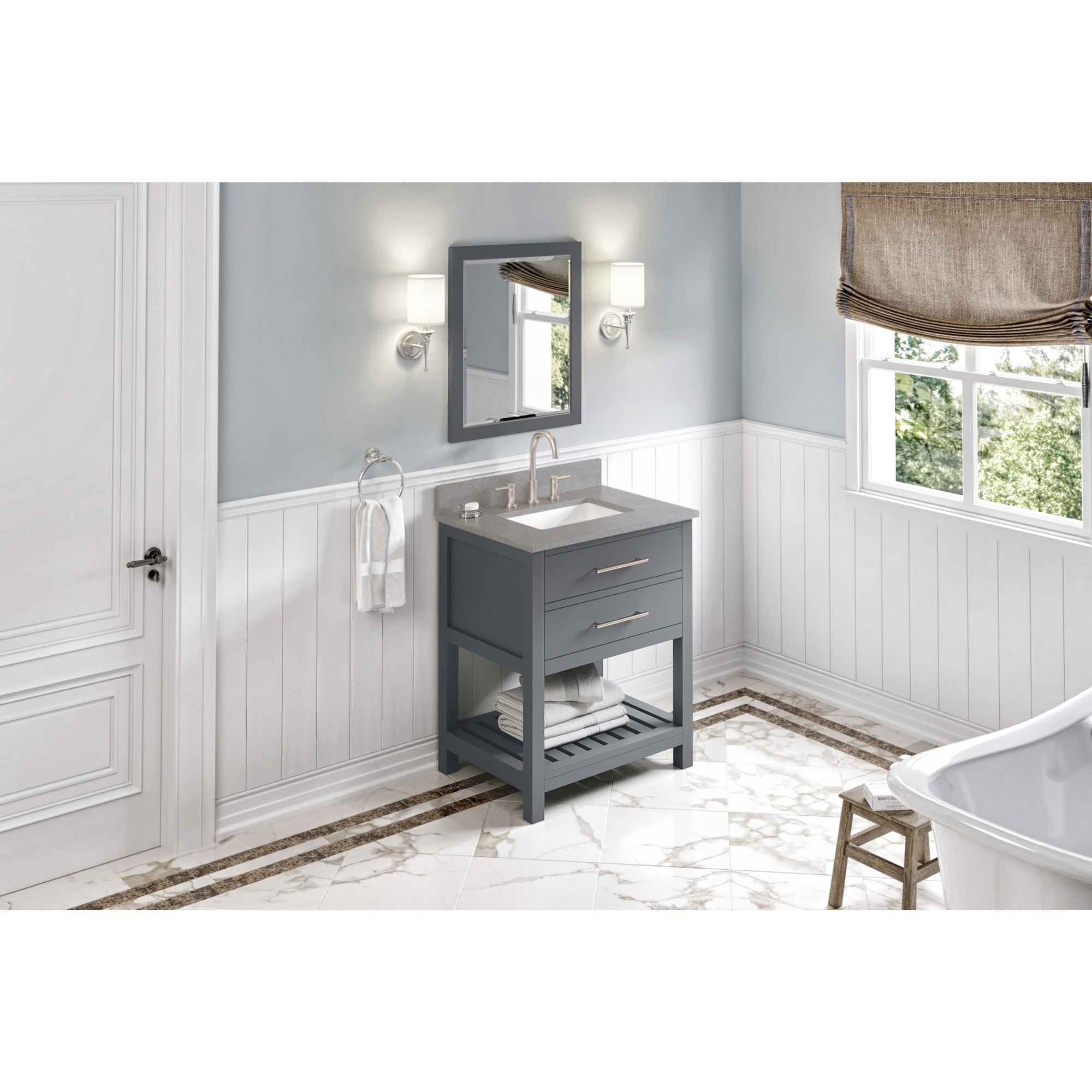 30" Grey Wavecrest Vanity, Steel Grey Cultured Marble Vanity Top, undermount rectangle bowl | KitchBath